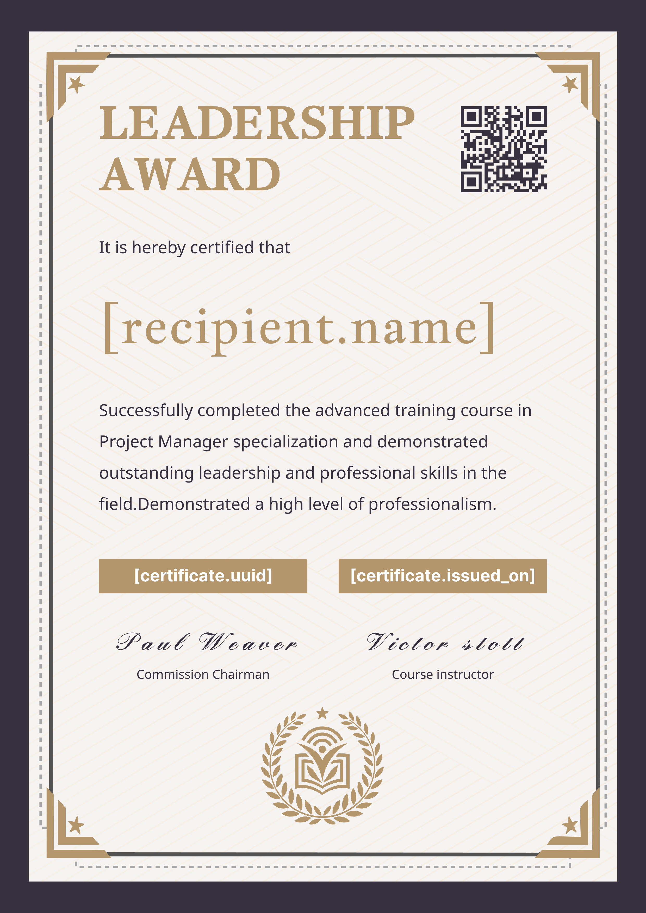 Leadership Award Art Deco Portrait — certificate of completion template preview