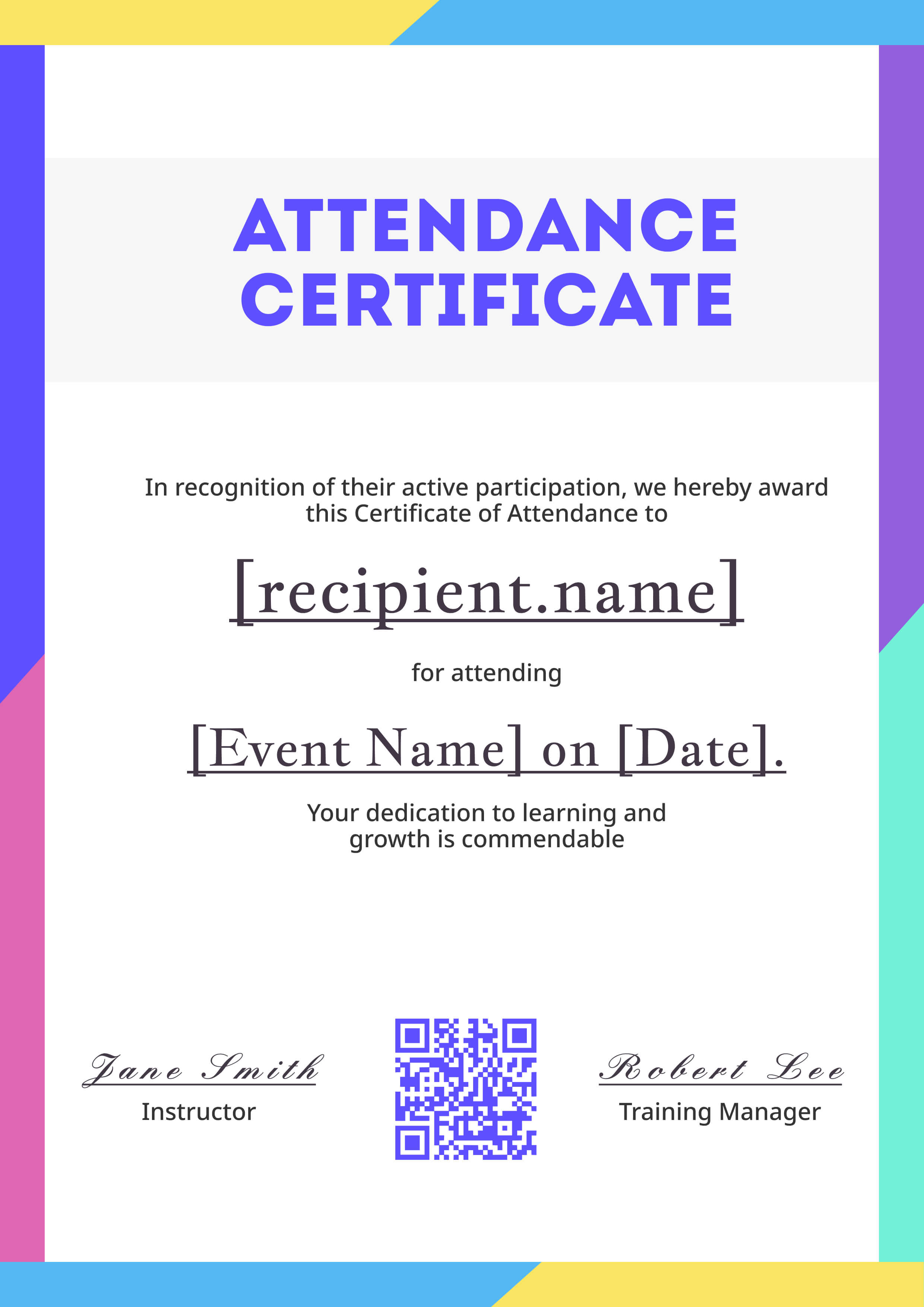 Pastel Corners With QR Portrait — certificate of completion template preview