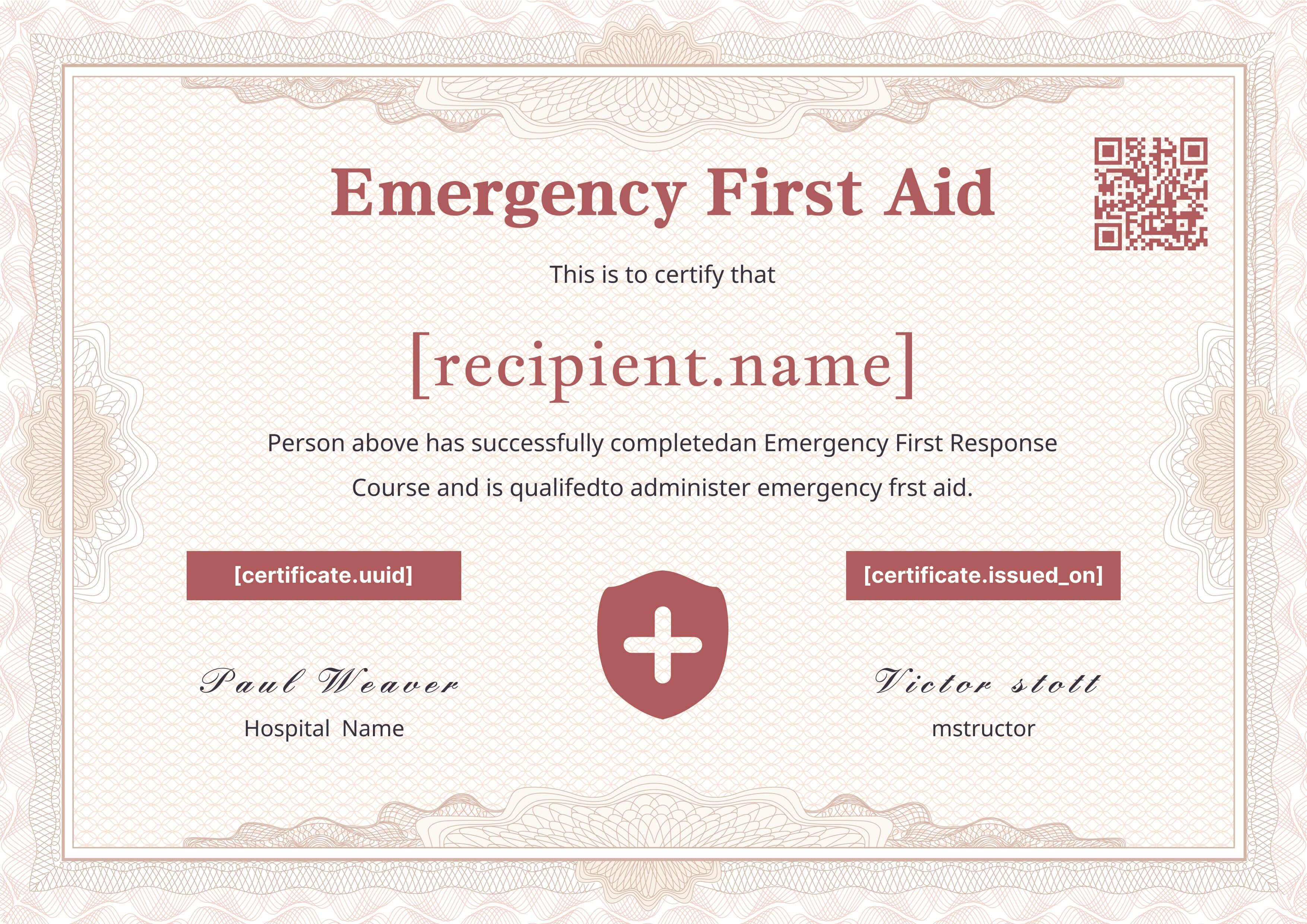 Ornate Red First Aid Certificate — certificate of completion template preview