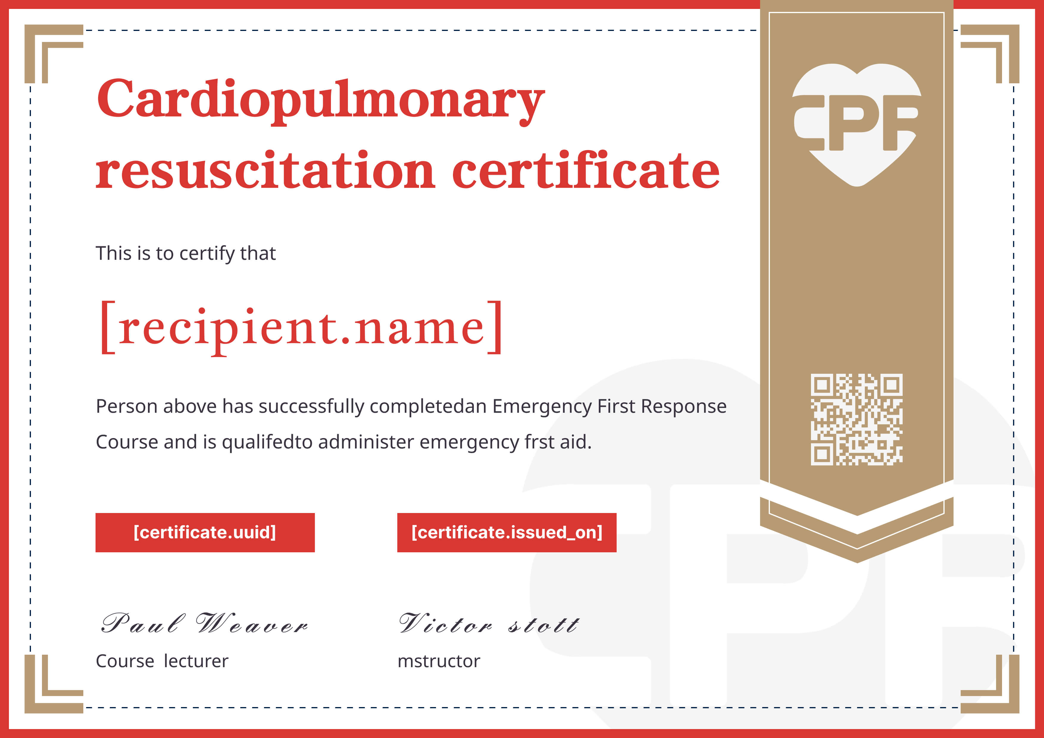 Tan Banner CPR Certificate — certificate of completion template preview