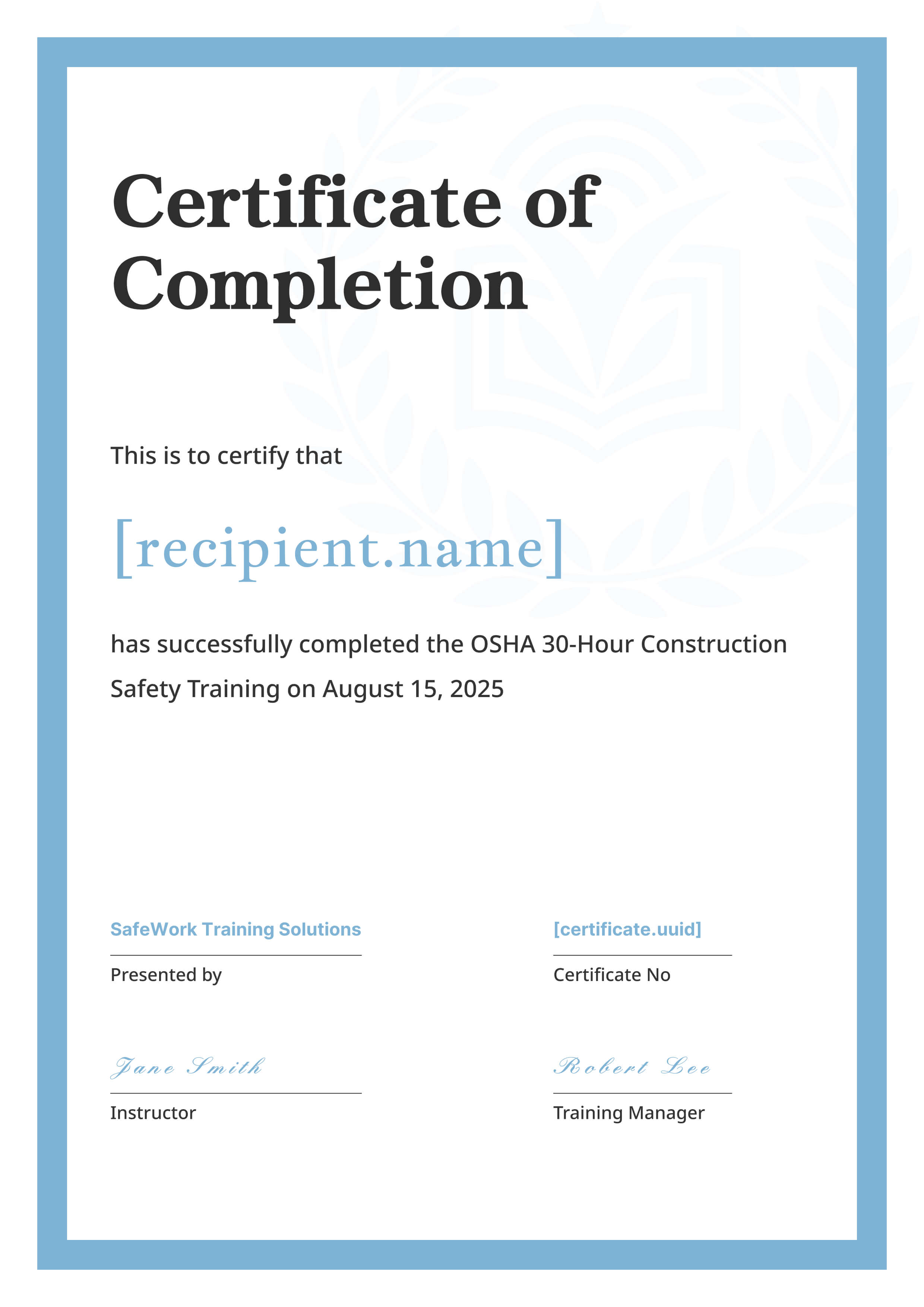 Minimalist Light Blue Portrait — certificate of completion template preview