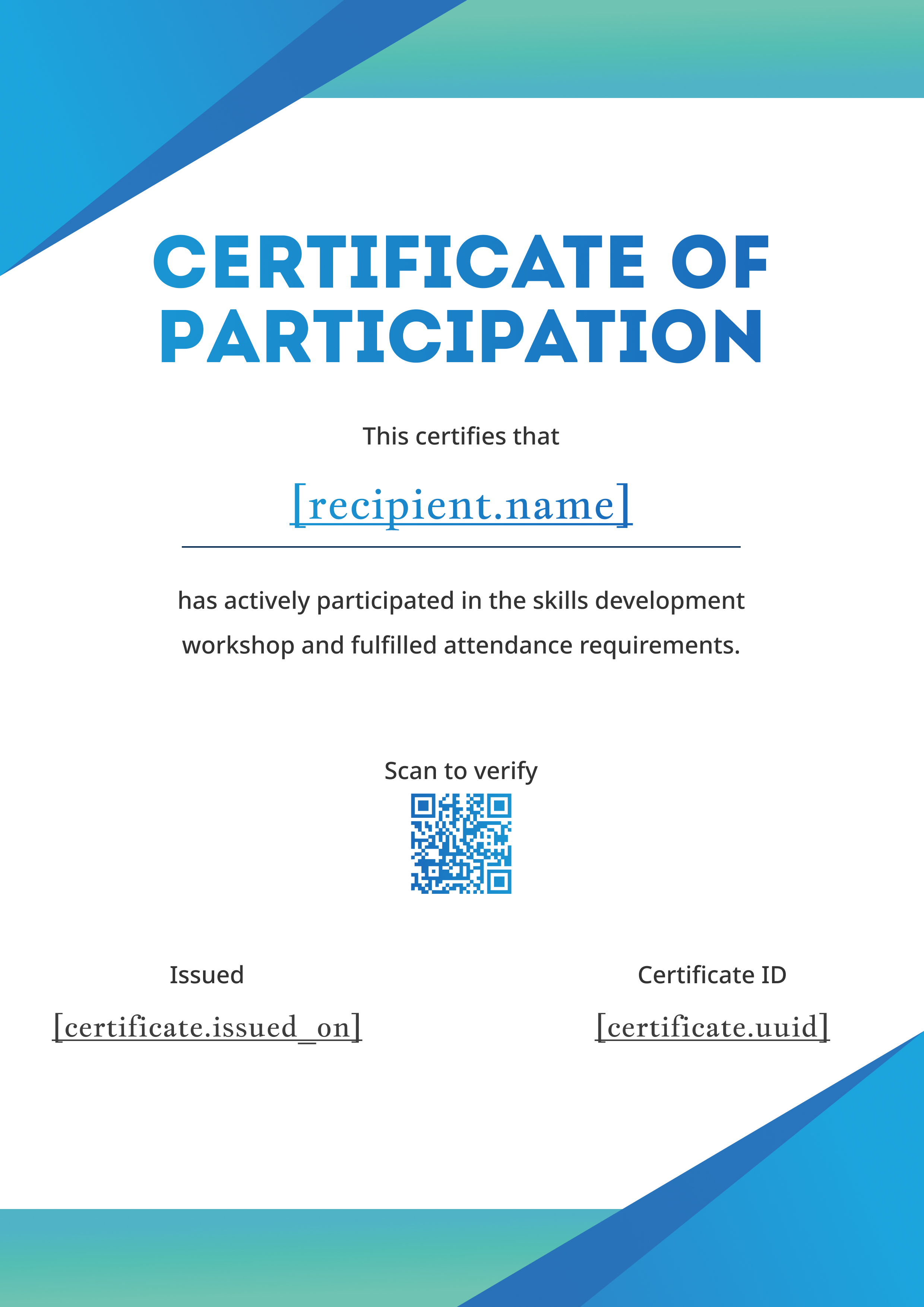 Teal Diagonal Geometric (Portrait) — certificate of completion template preview