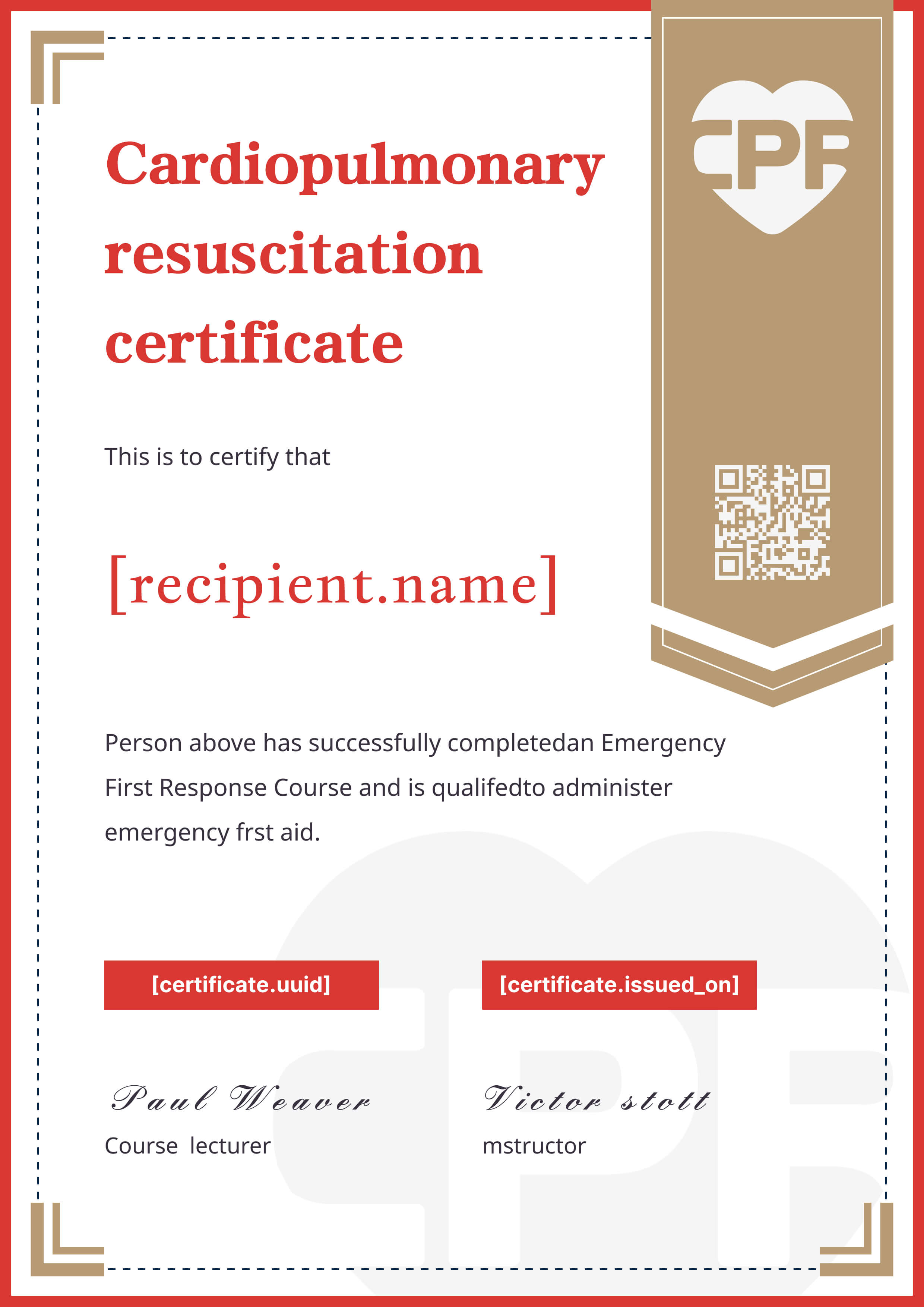 Tan Banner CPR Certificate (Portrait) — certificate of completion template preview