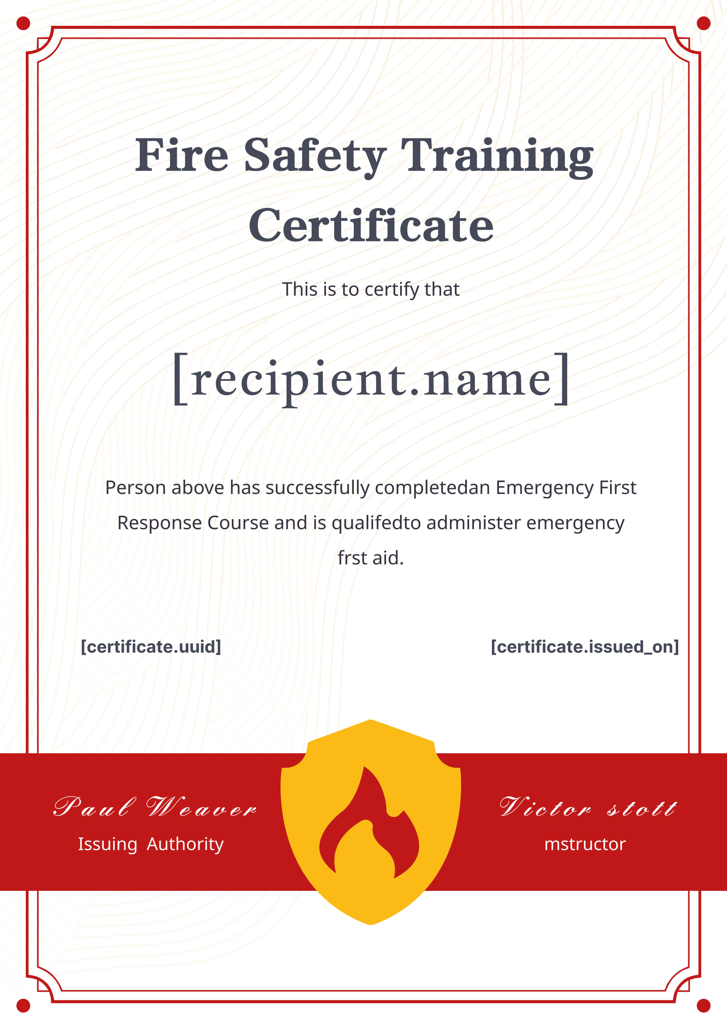 Red Border Fire Safety (Portrait) — certificate of completion template preview