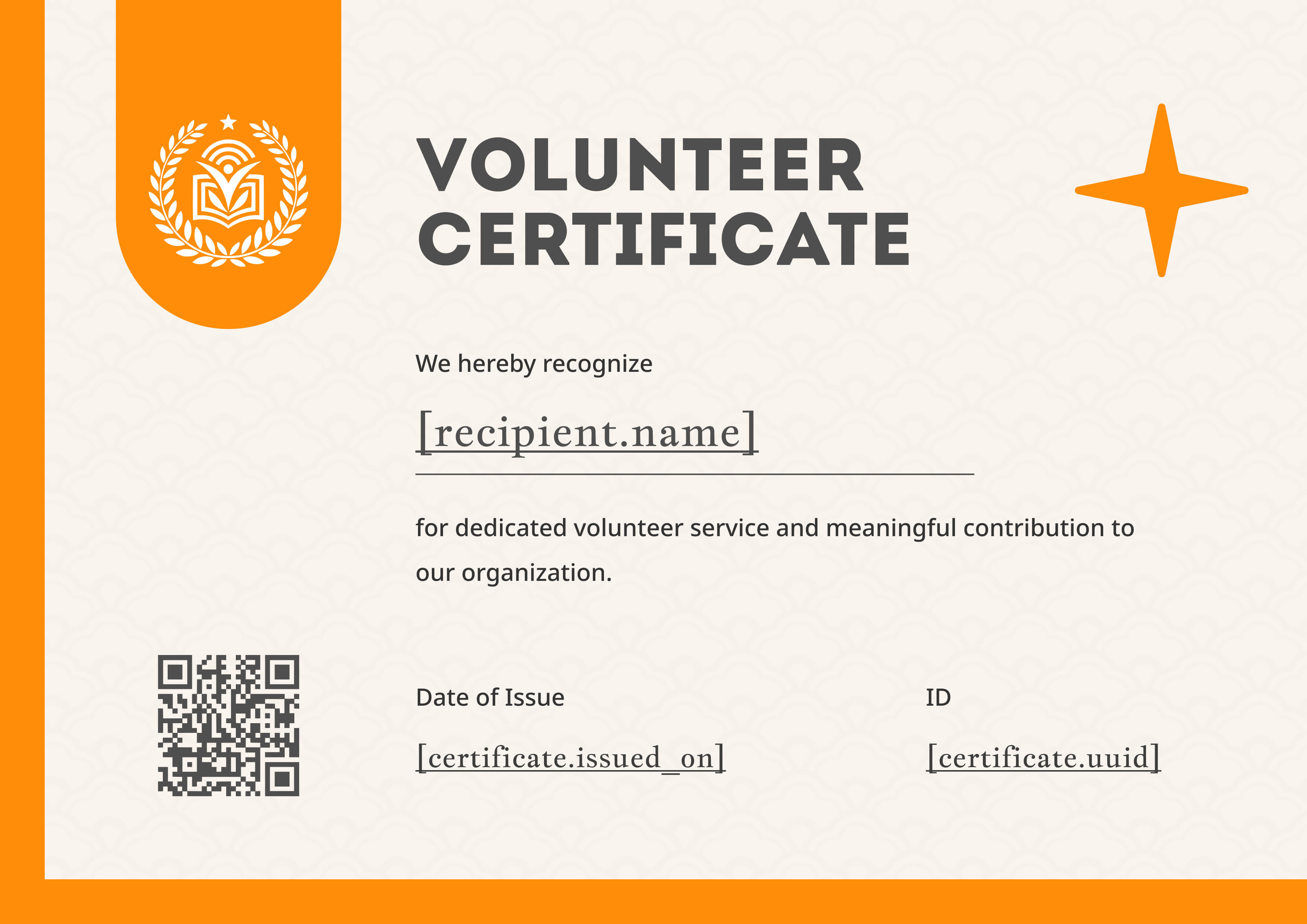 Bold Orange Spark Volunteer — certificate of completion template preview