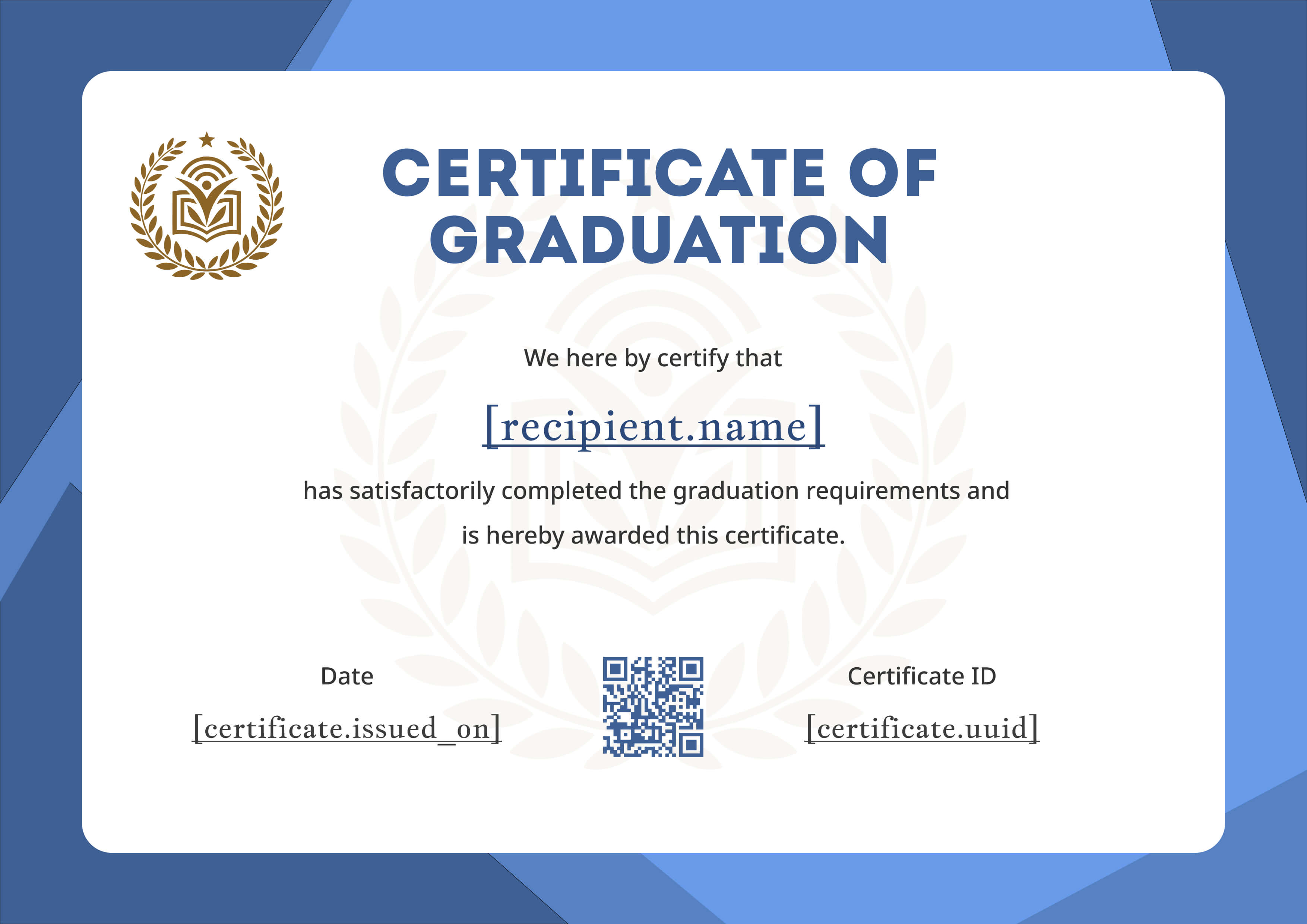 Classic Blue Laurel Graduation — certificate of completion template preview