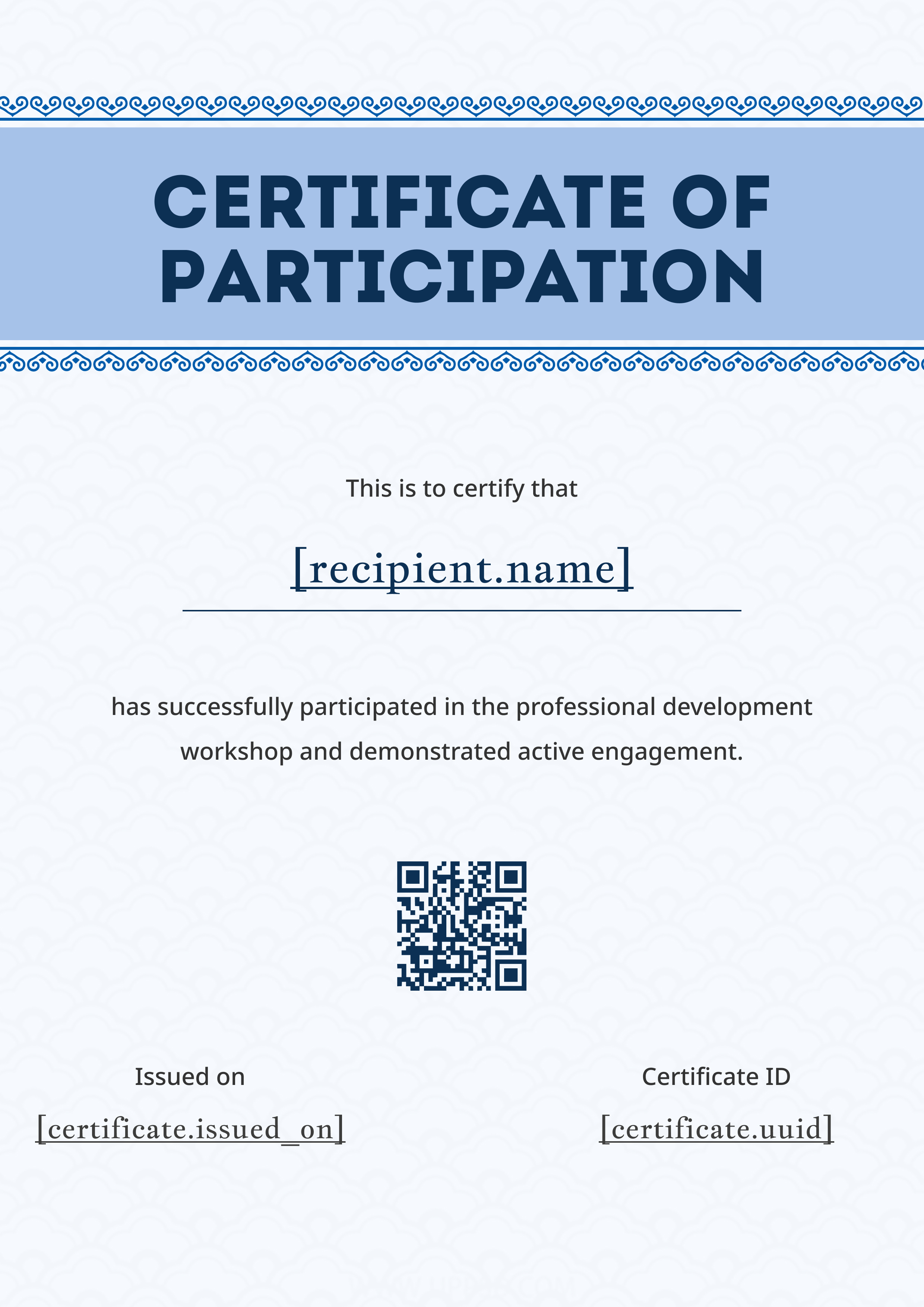 Ornamental Blue Scroll (Portrait) — certificate of completion template preview