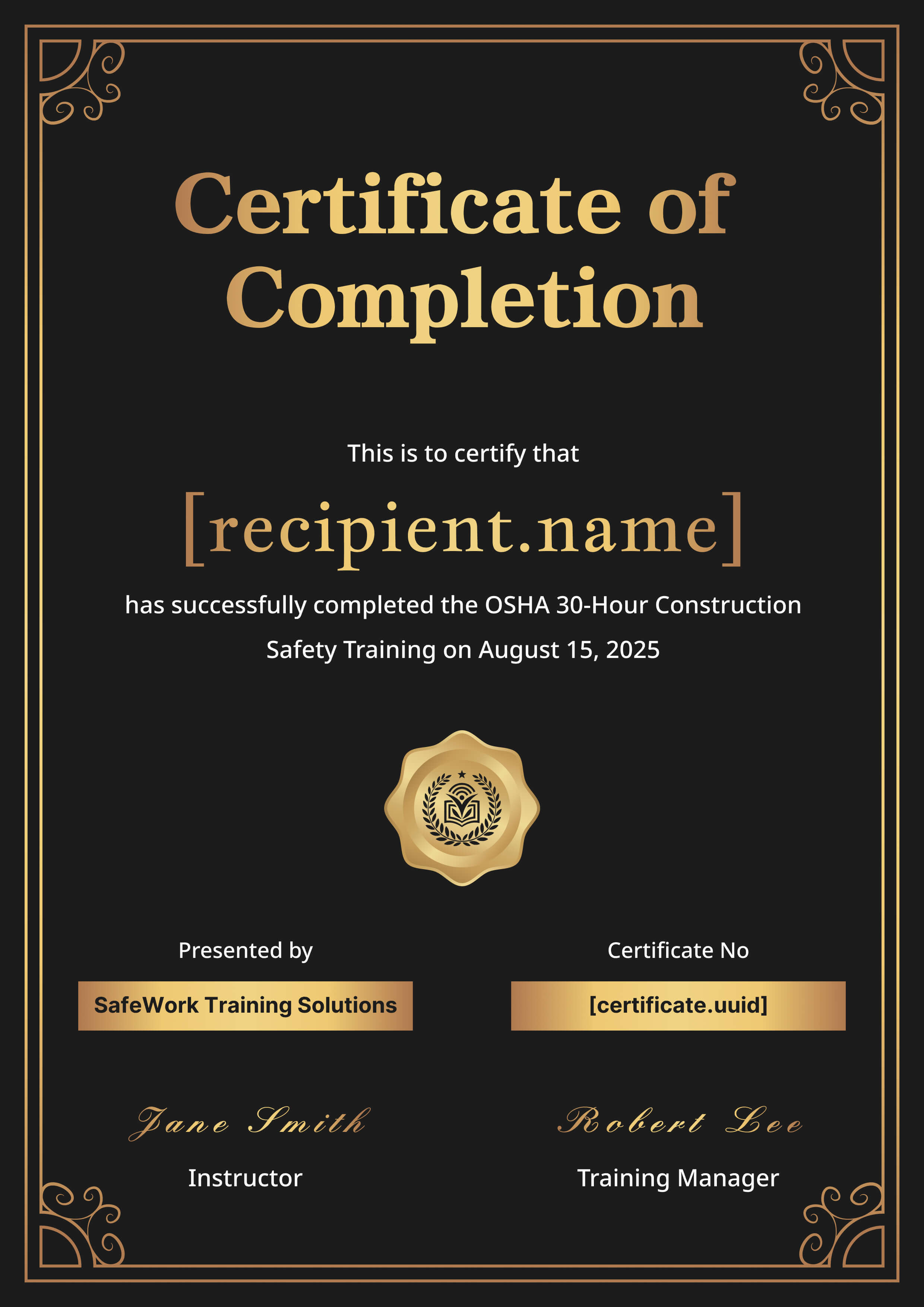 Luxury Black & Gold Portrait — certificate of completion template