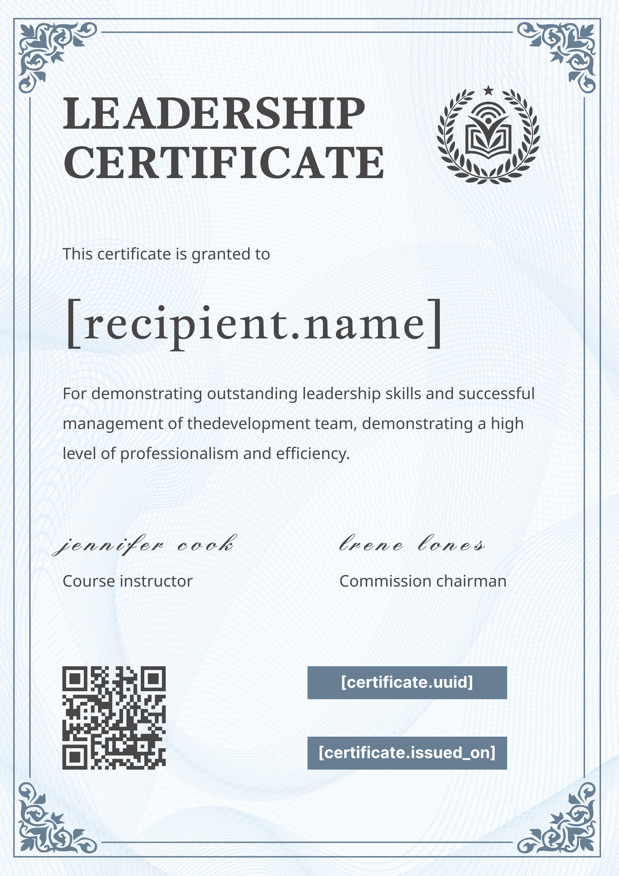 Leadership Blue Waves Portrait — certificate of completion template preview
