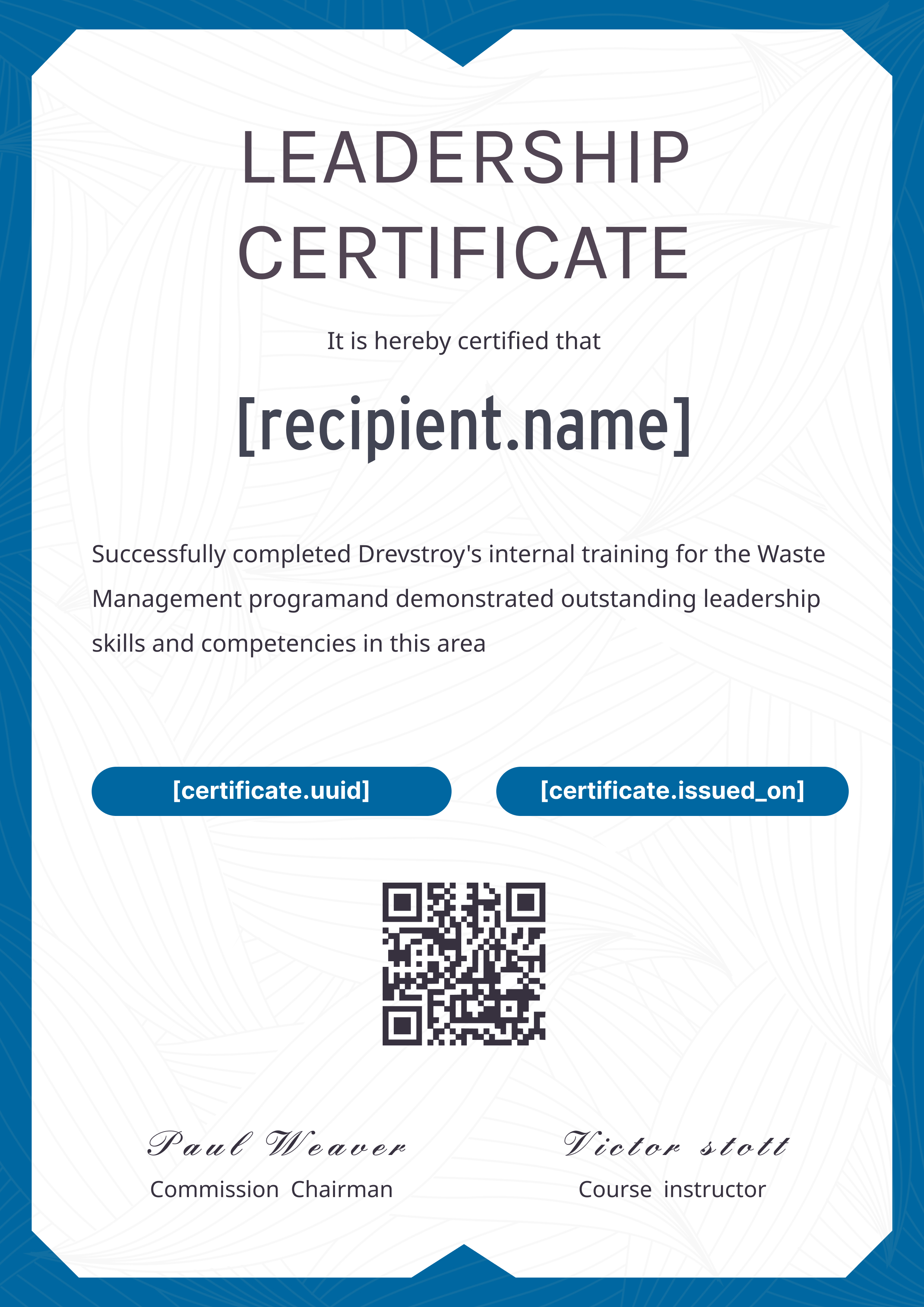 Leadership Bold Blue Border Portrait — certificate of completion template preview