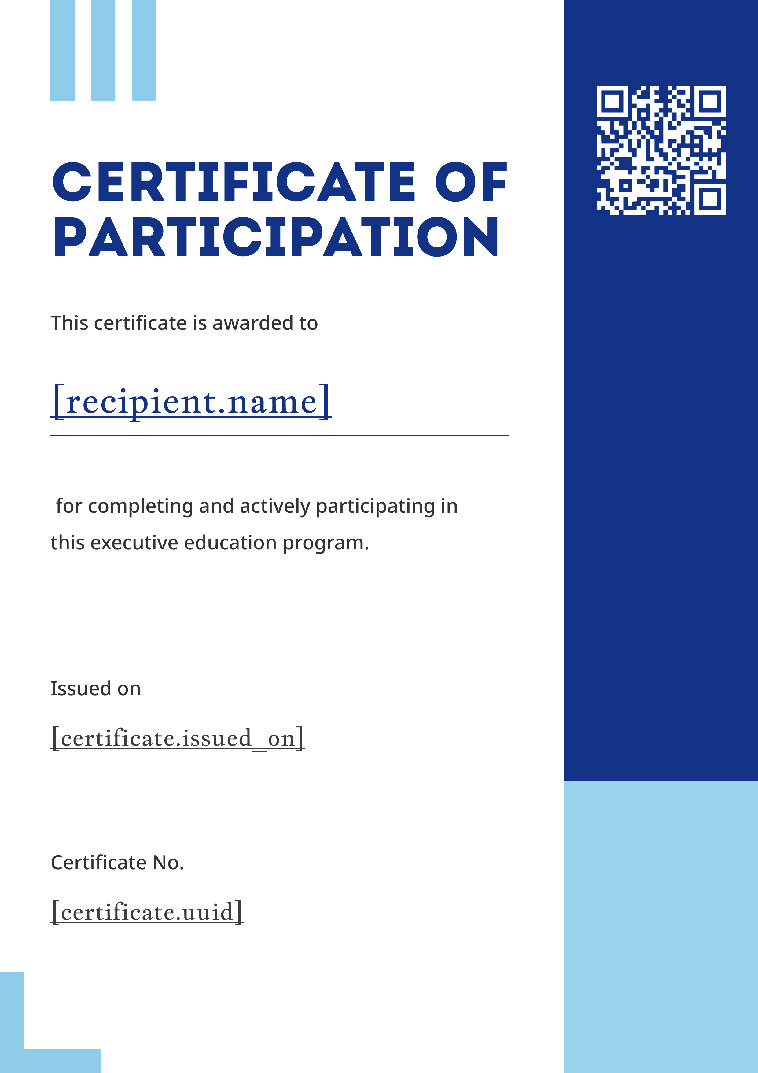 Royal Blue Sidebar (Portrait) — certificate of completion template preview