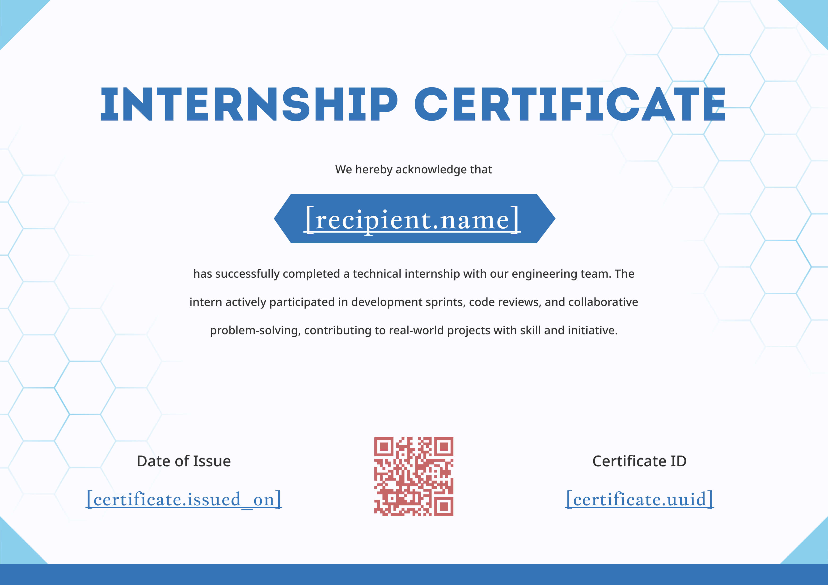 Blue Hexagon Tech Internship Certificate (Landscape) — certificate of completion template preview