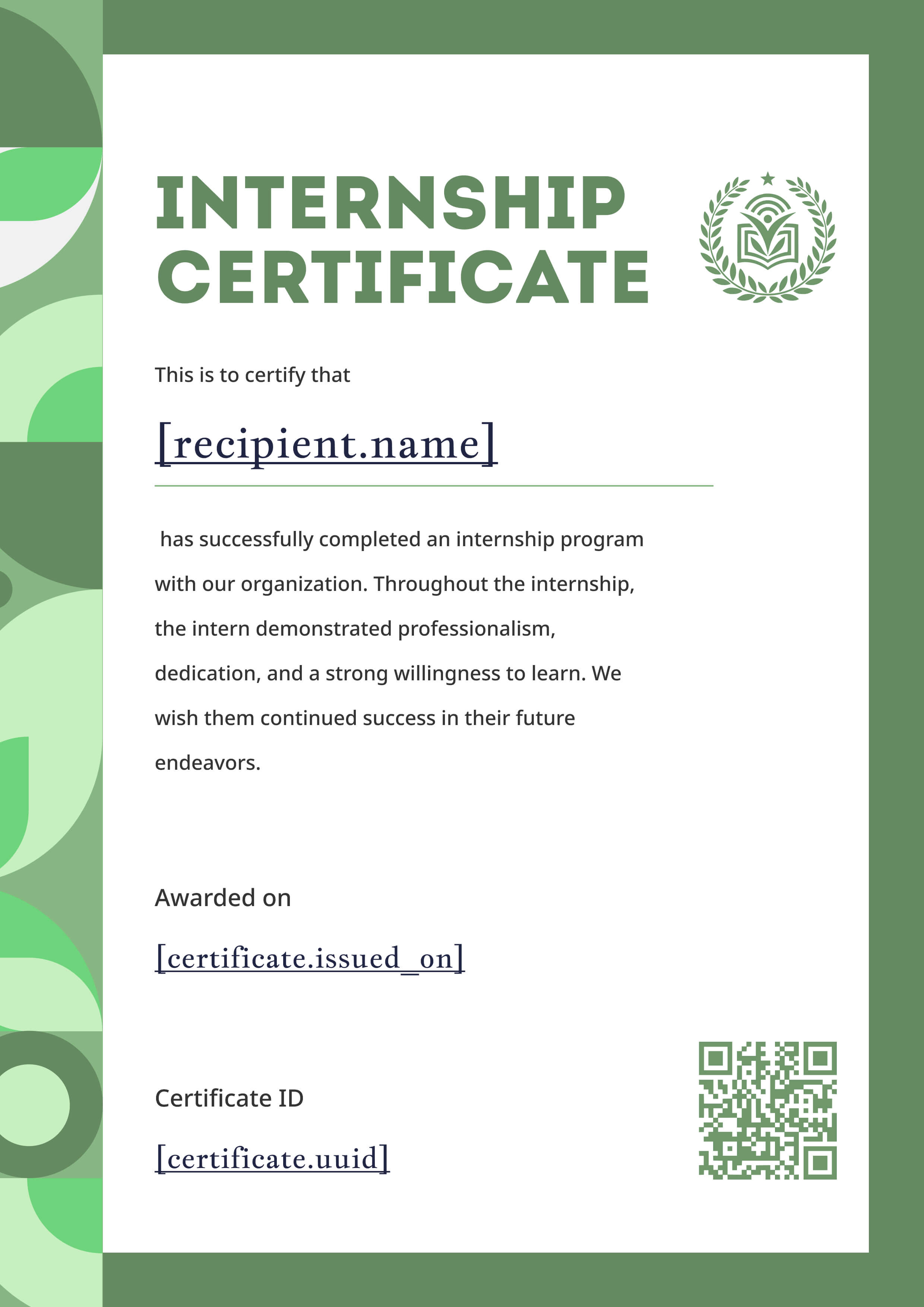 Green Geometric Internship Certificate (Portrait) — certificate of completion template preview