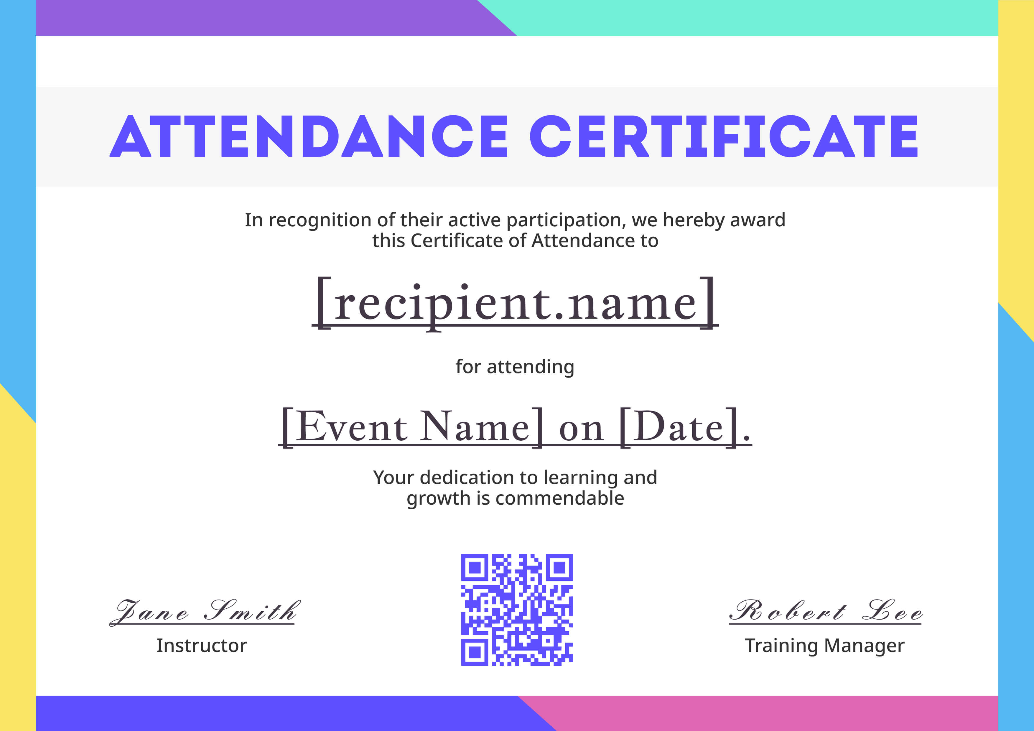 Pastel Corners With QR — certificate of completion template preview