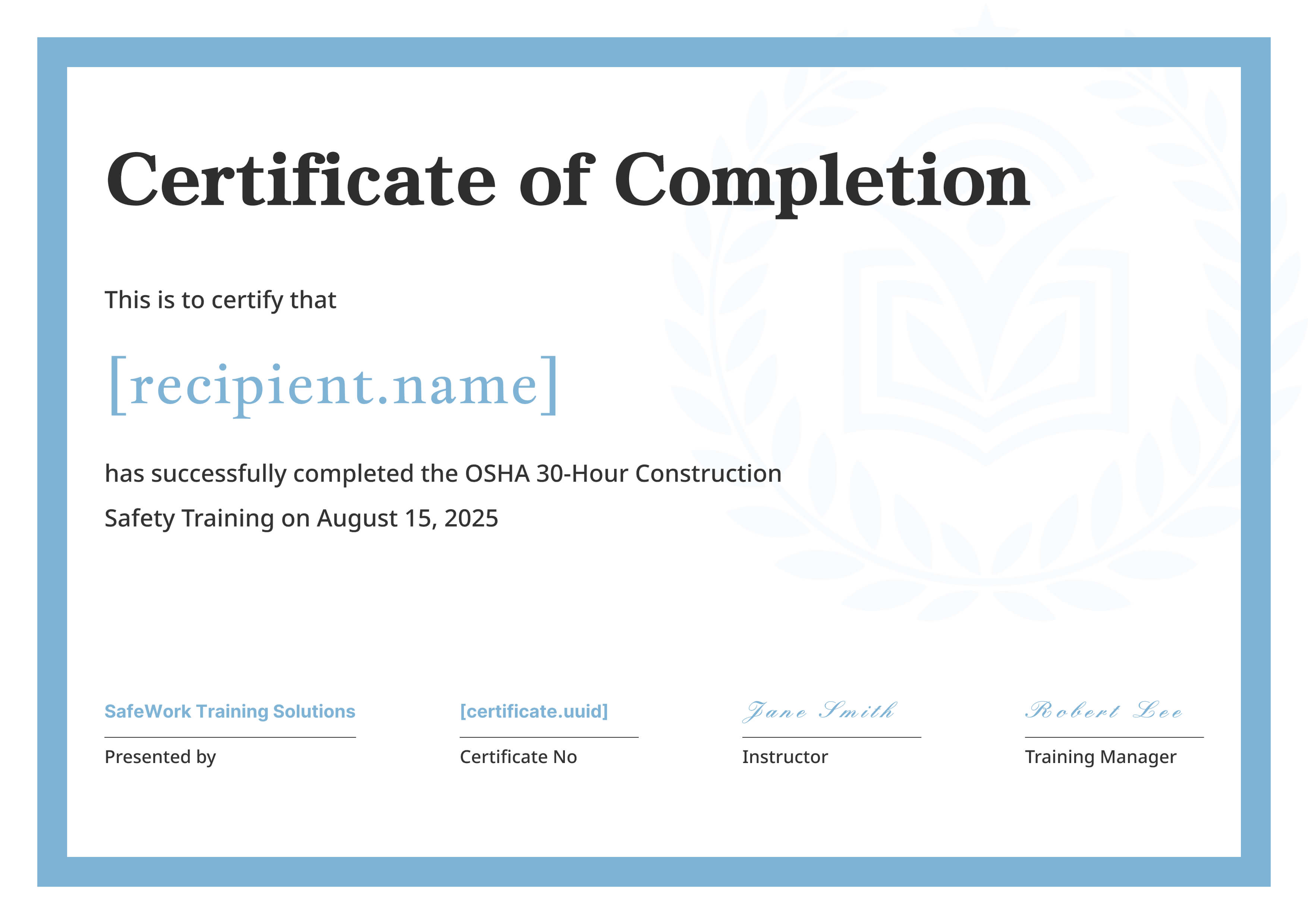 Minimalist Light Blue — certificate of completion template preview