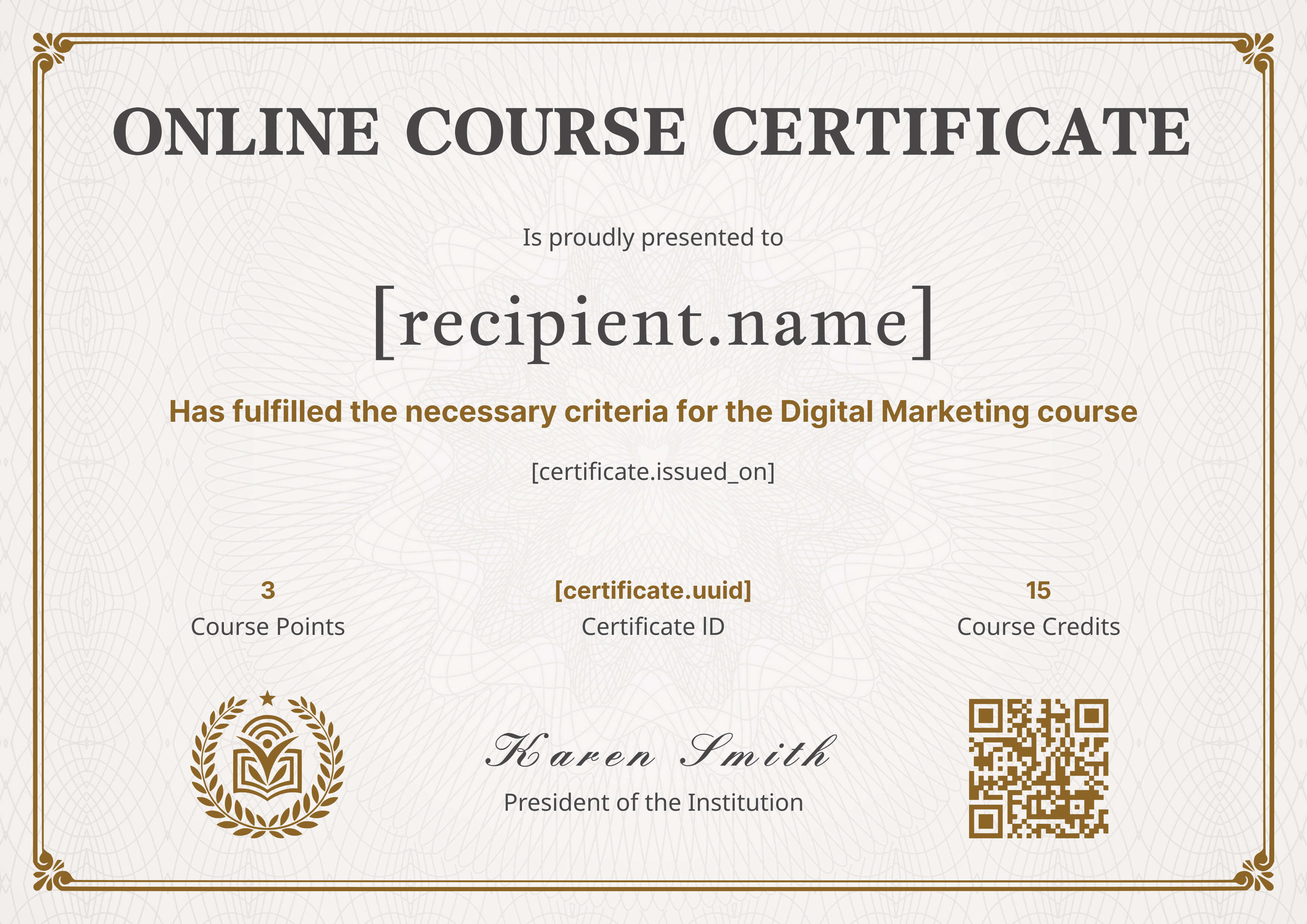 Ornate Brown Online Course — certificate of completion template preview