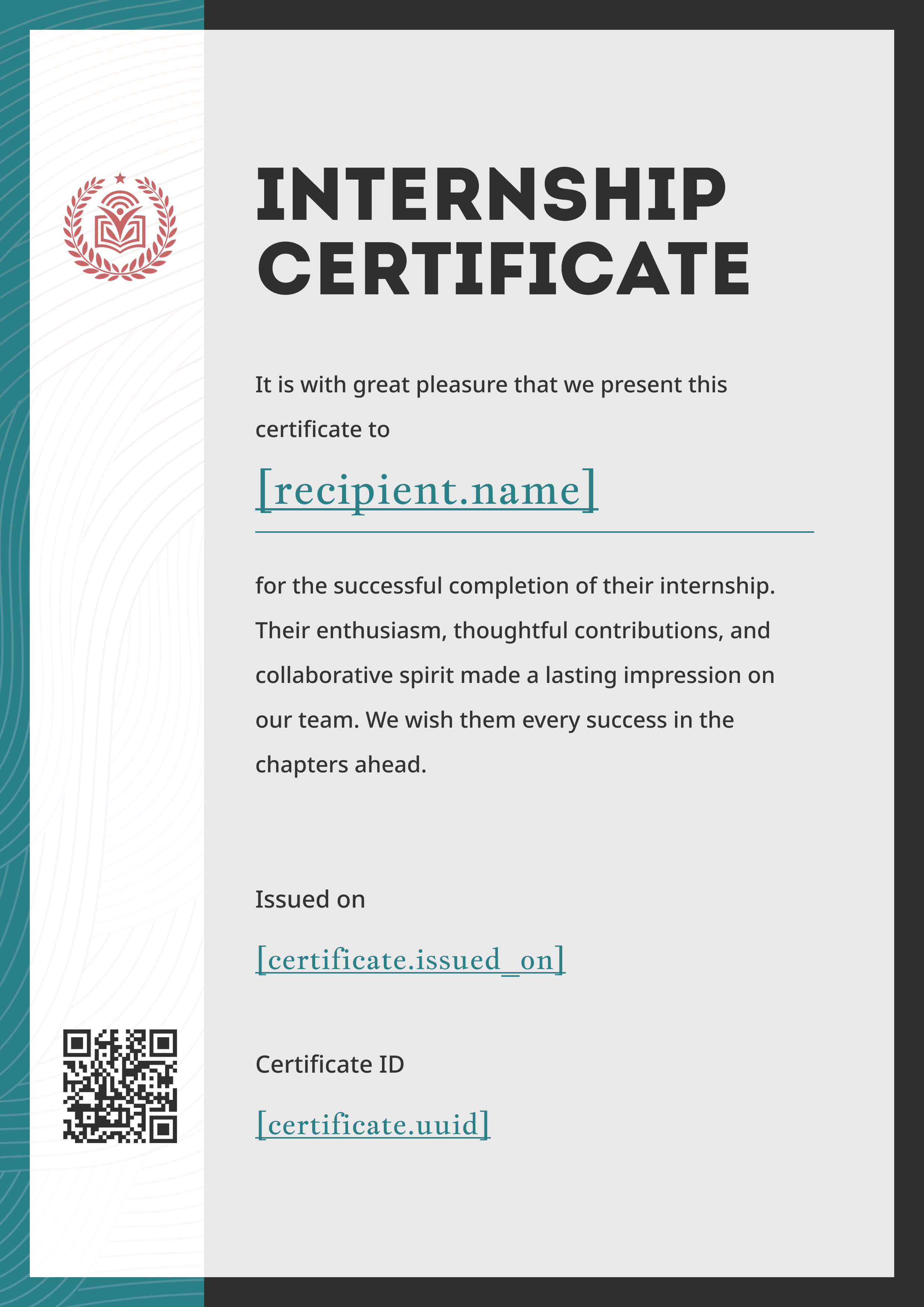 Teal and Charcoal Internship Certificate (Portrait) — certificate of completion template preview