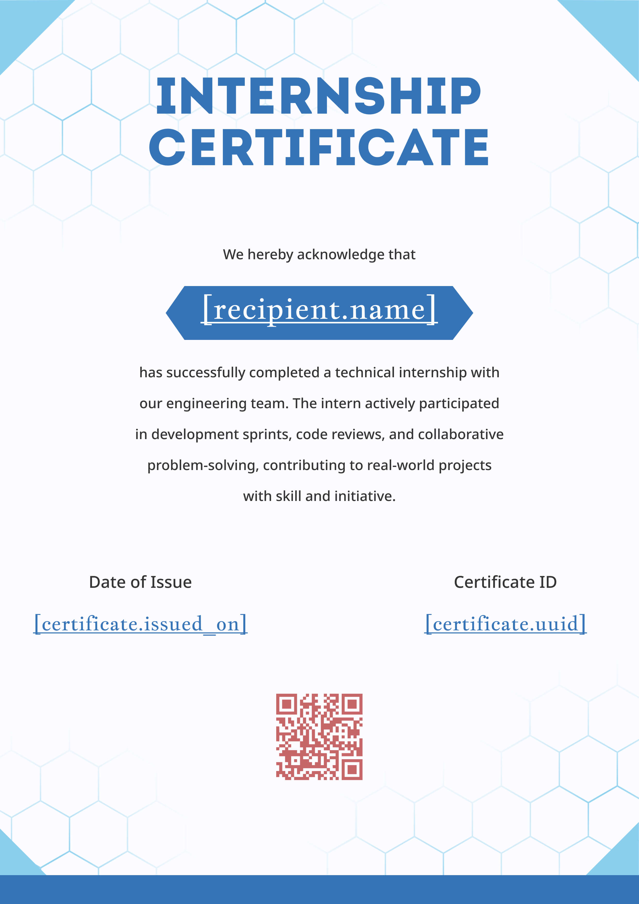 Blue Hexagon Tech Internship Certificate (Portrait) — certificate of completion template preview
