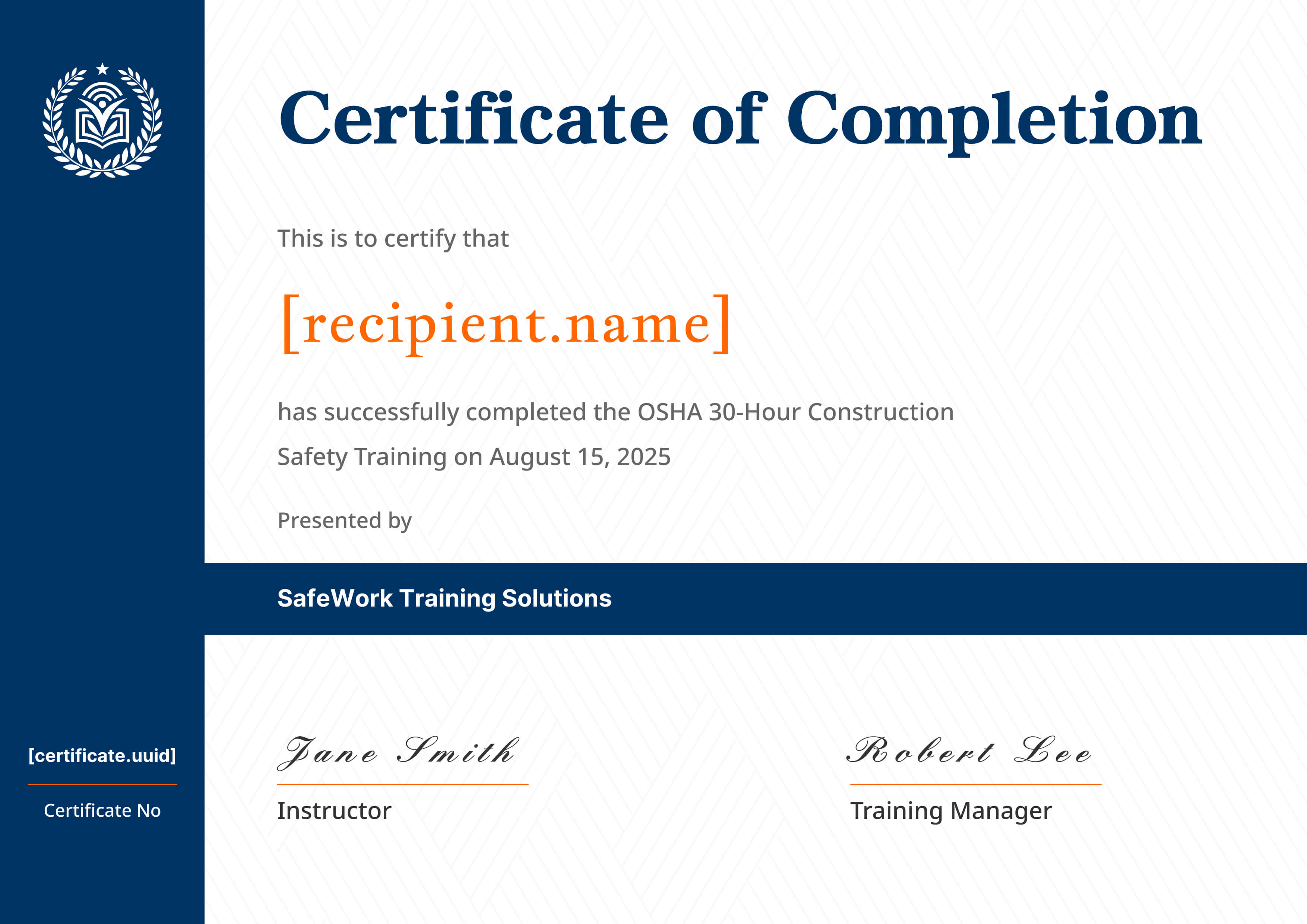 Modern Navy Sidebar — certificate of completion template preview
