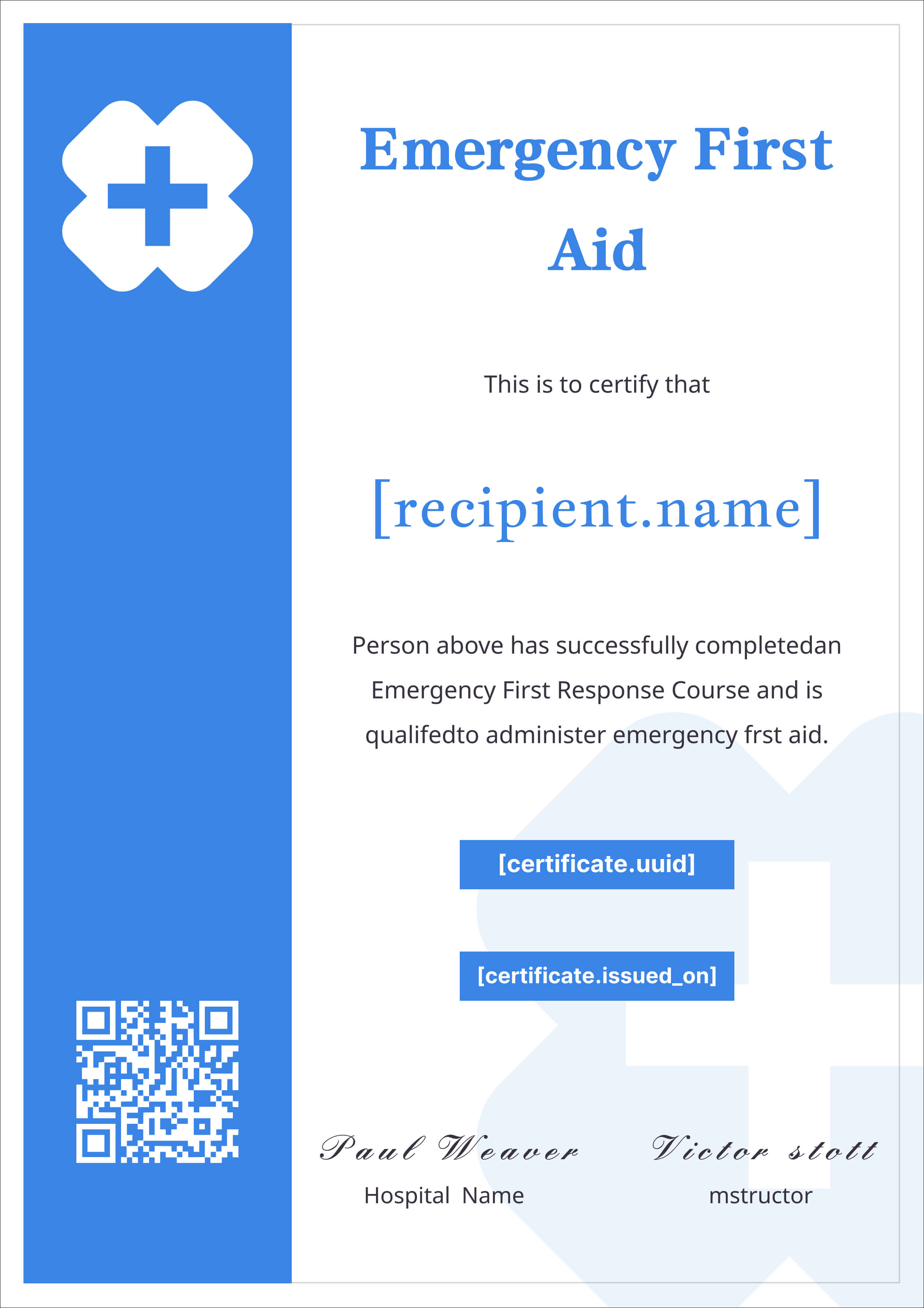 Blue Medical Cross First Aid (Portrait) — certificate of completion template preview