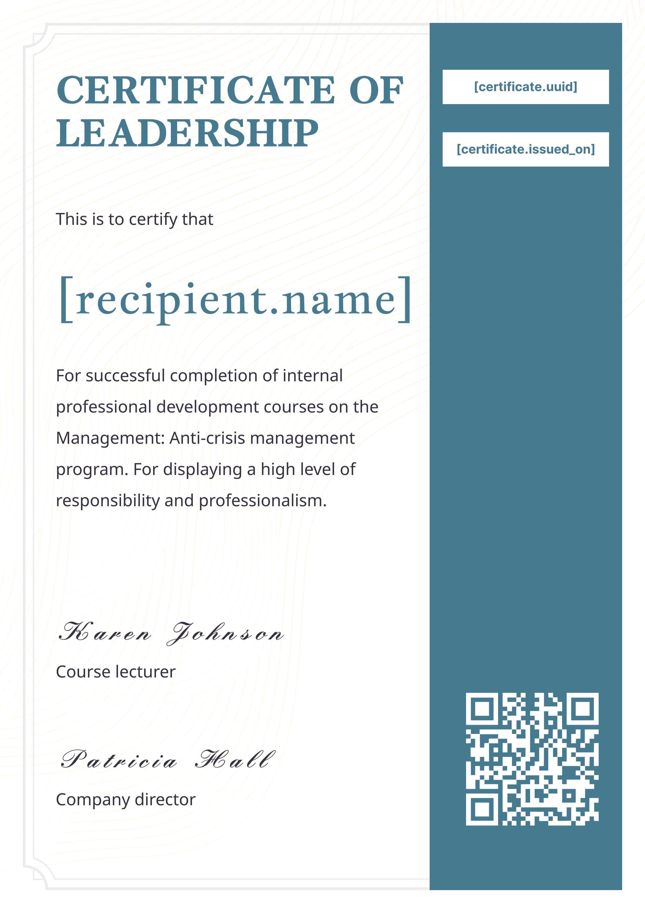 Leadership Teal Sidebar Portrait — certificate of completion template preview