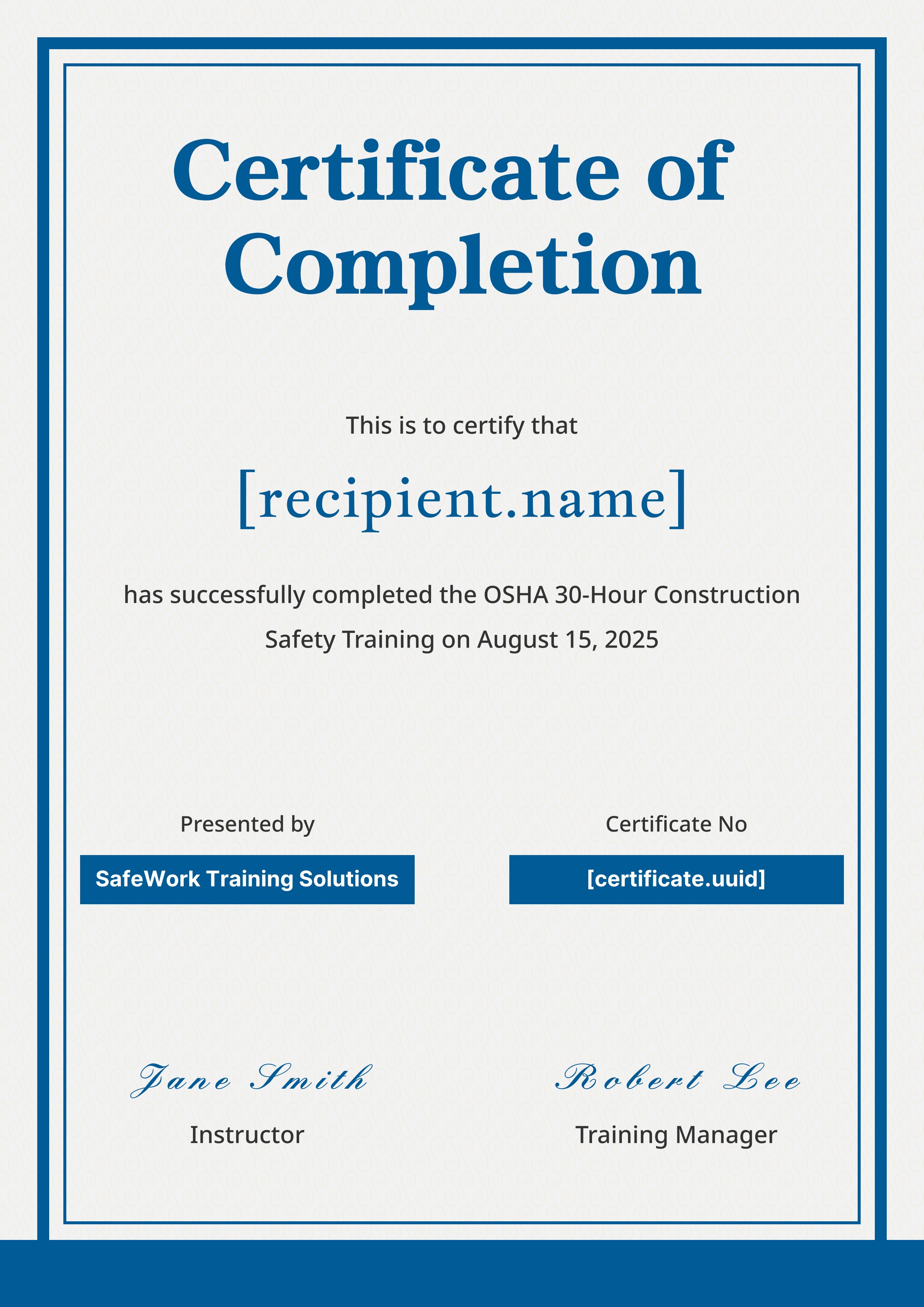 Classic Blue Border Portrait — certificate of completion template preview