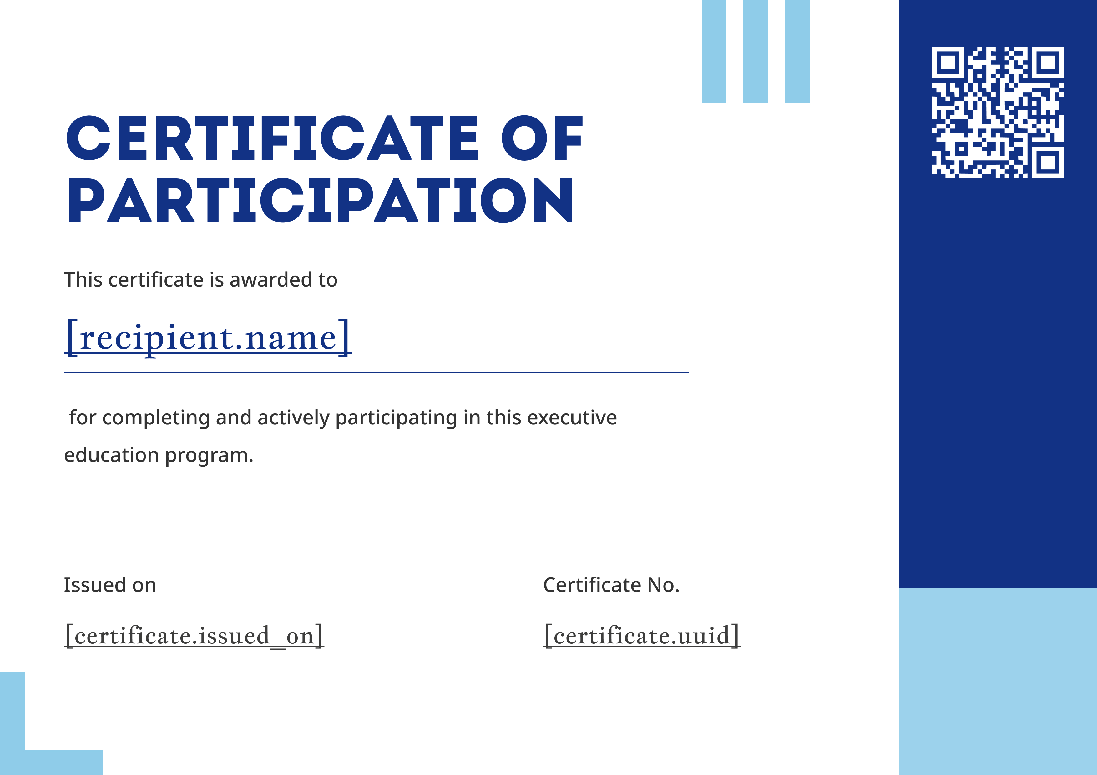 Royal Blue Sidebar (Landscape) — certificate of completion template preview