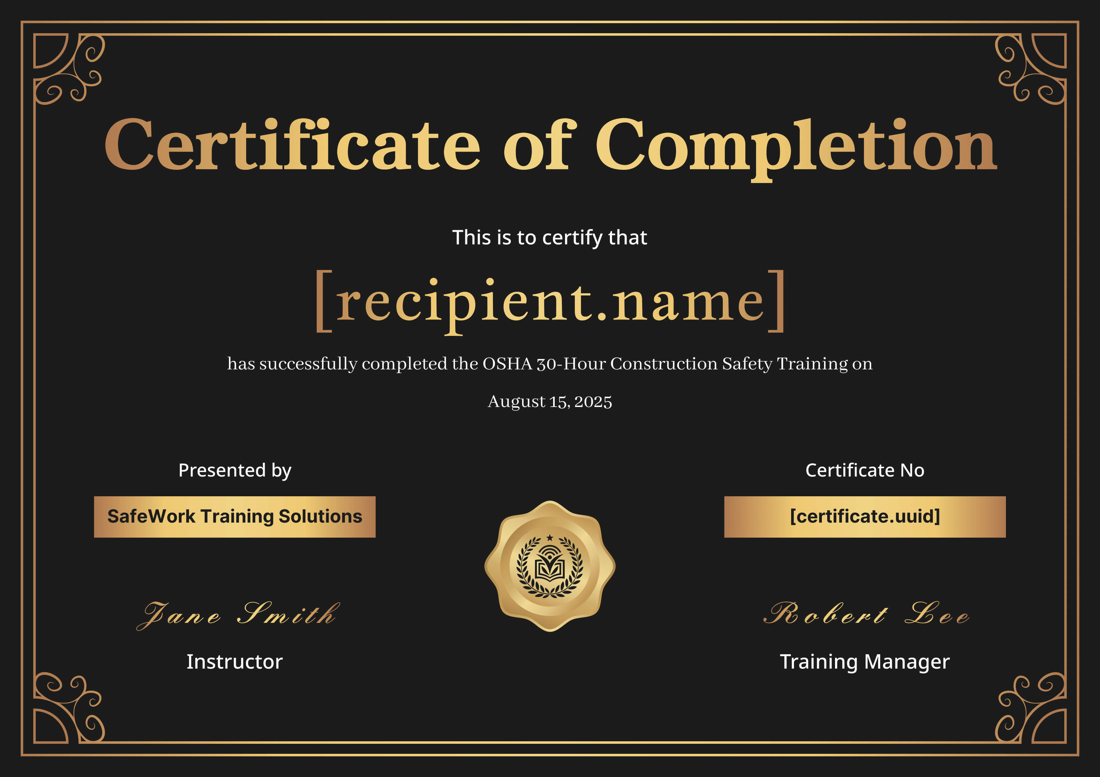 Luxury Black & Gold — certificate of completion template preview