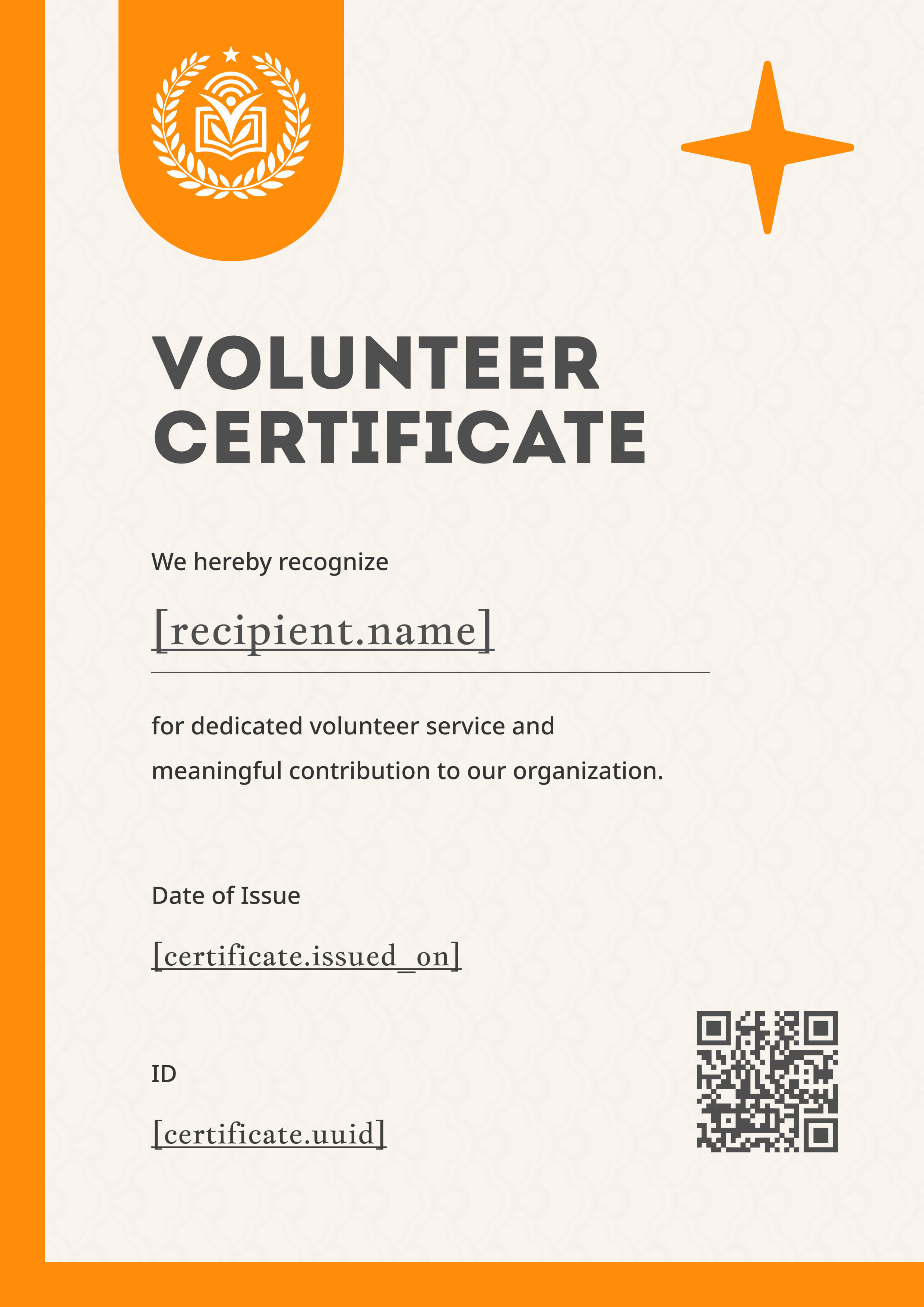 Bold Orange Spark Volunteer Portrait — certificate of completion template preview