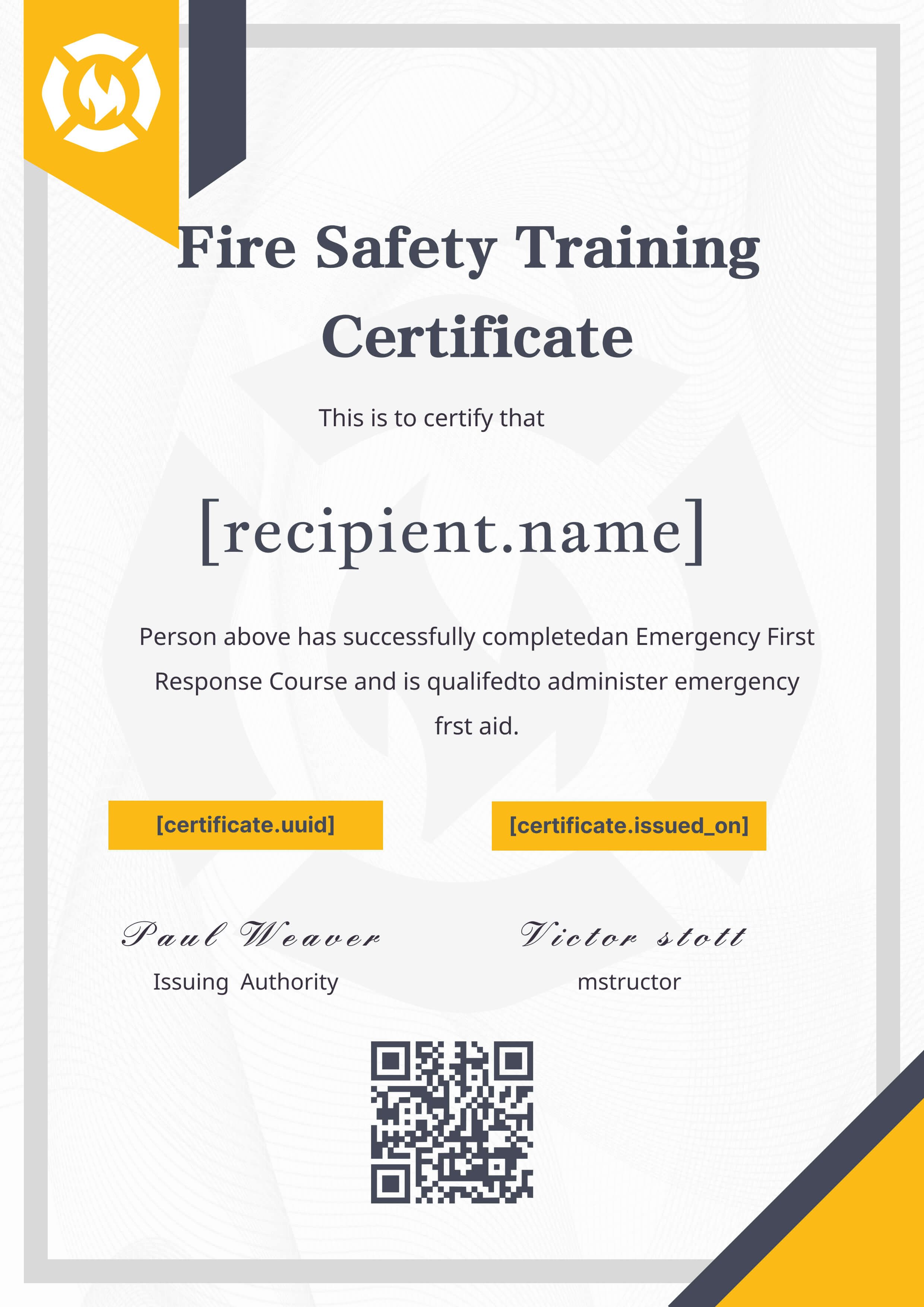 Navy & Gold Fire Safety (Portrait) — certificate of completion template preview