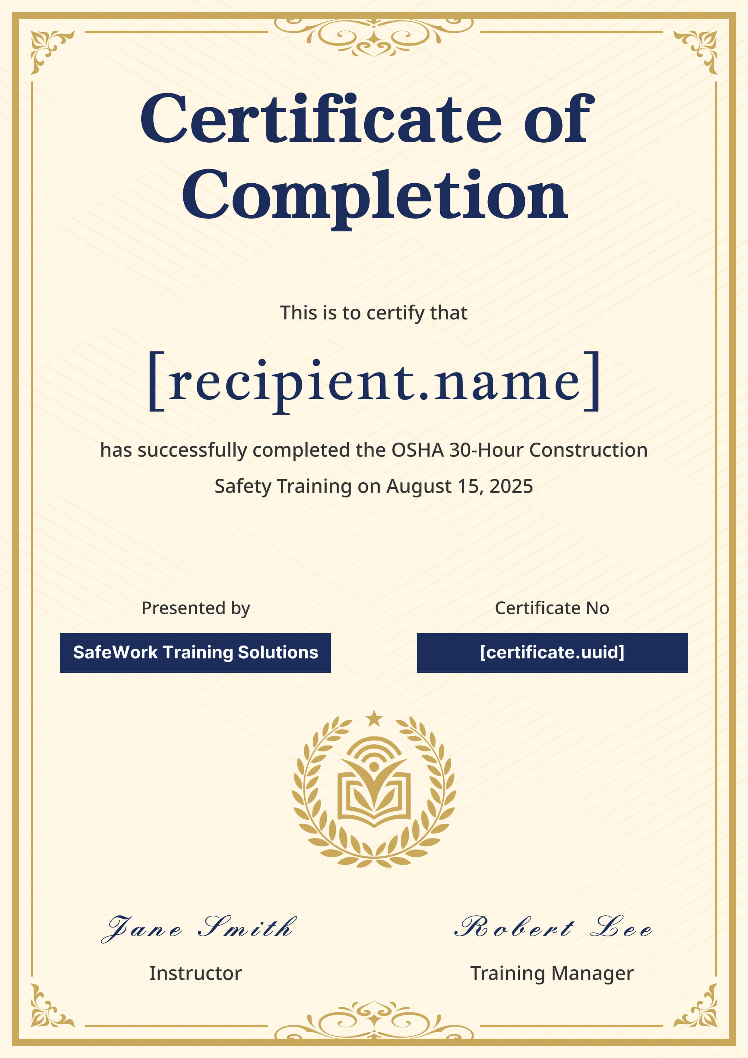 Elegant Gold Laurel Portrait — certificate of completion template