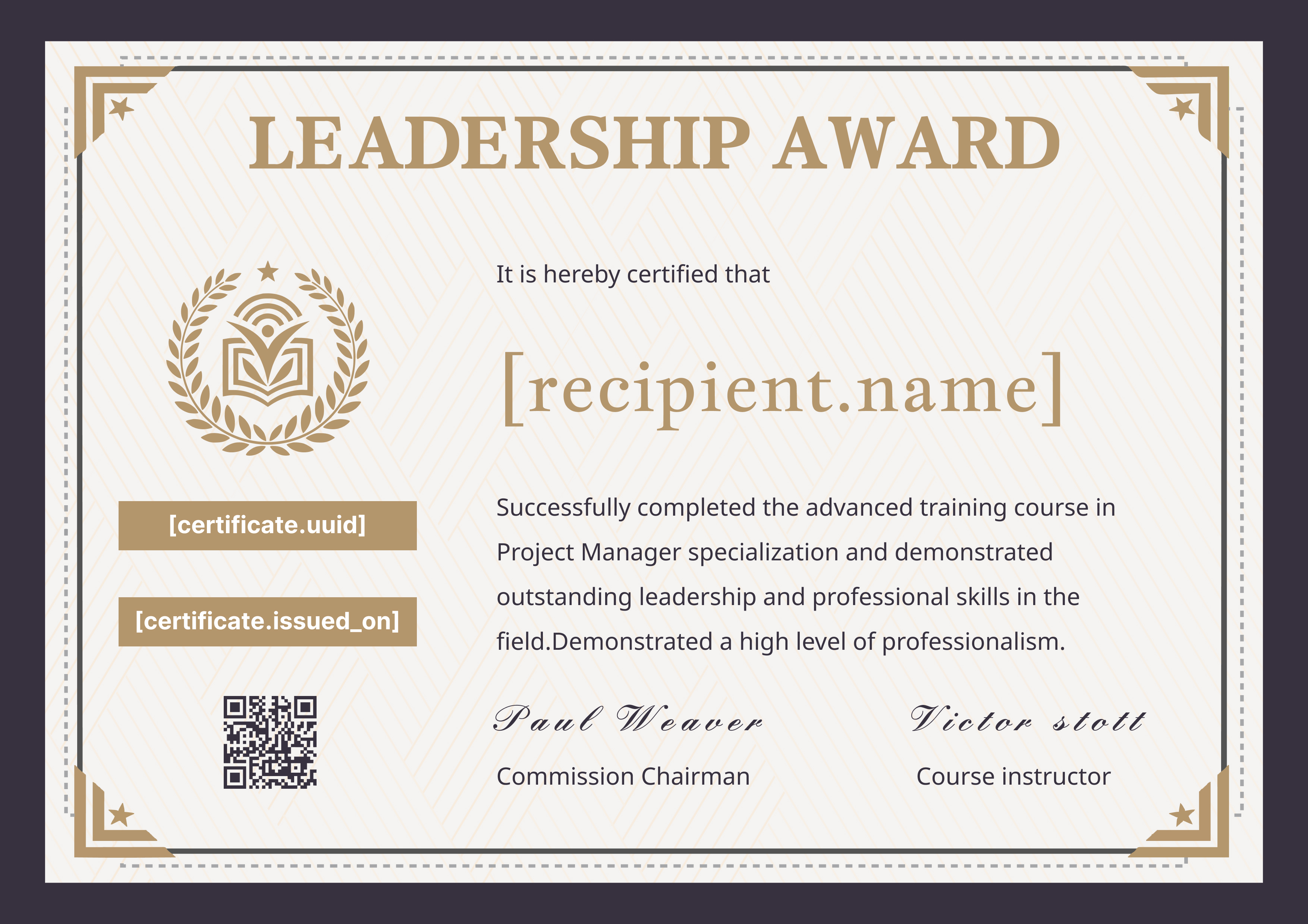 Leadership Award Art Deco — certificate of completion template preview