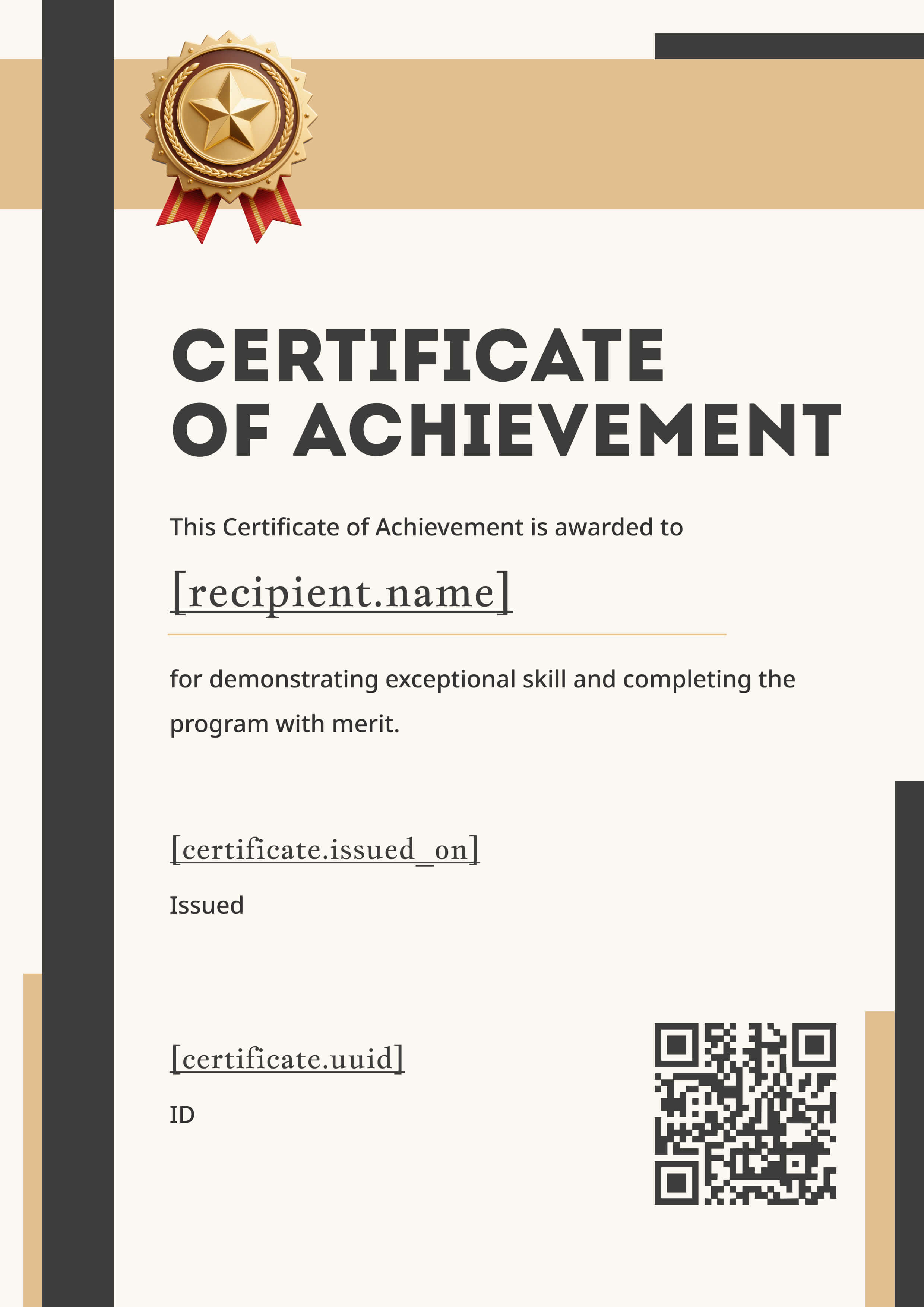 Modern Tan & Charcoal (Portrait) — certificate of completion template preview