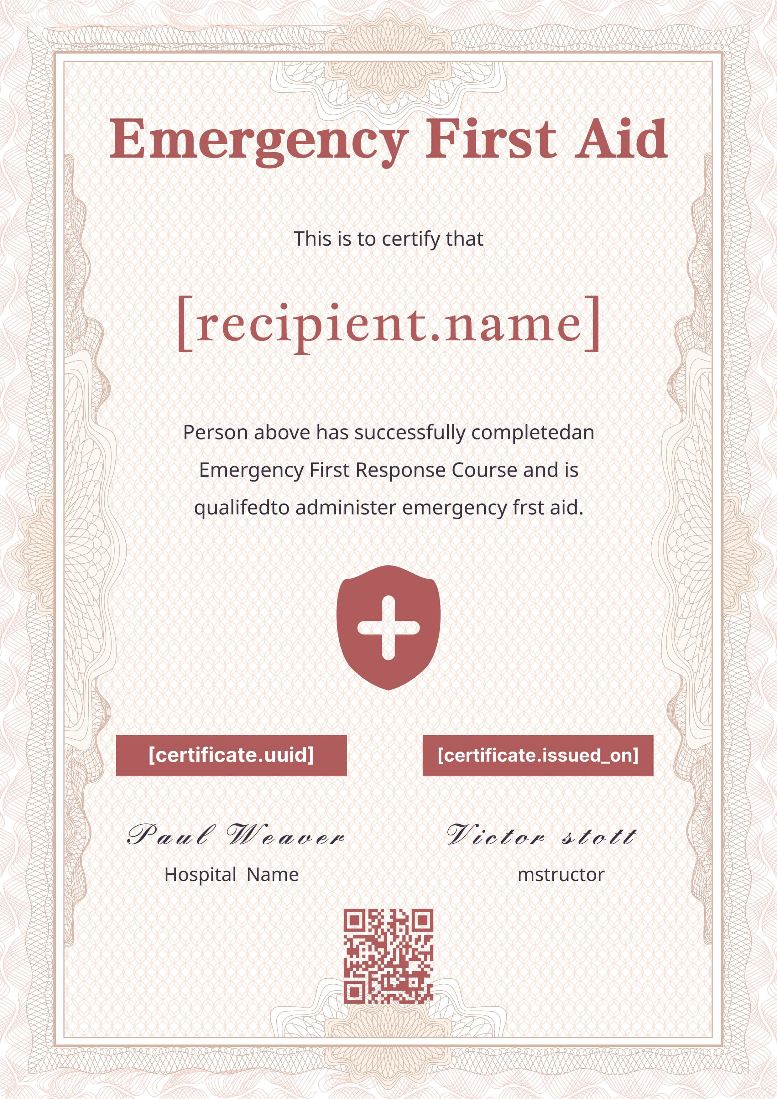 Ornate Red First Aid (Portrait) — certificate of completion template preview