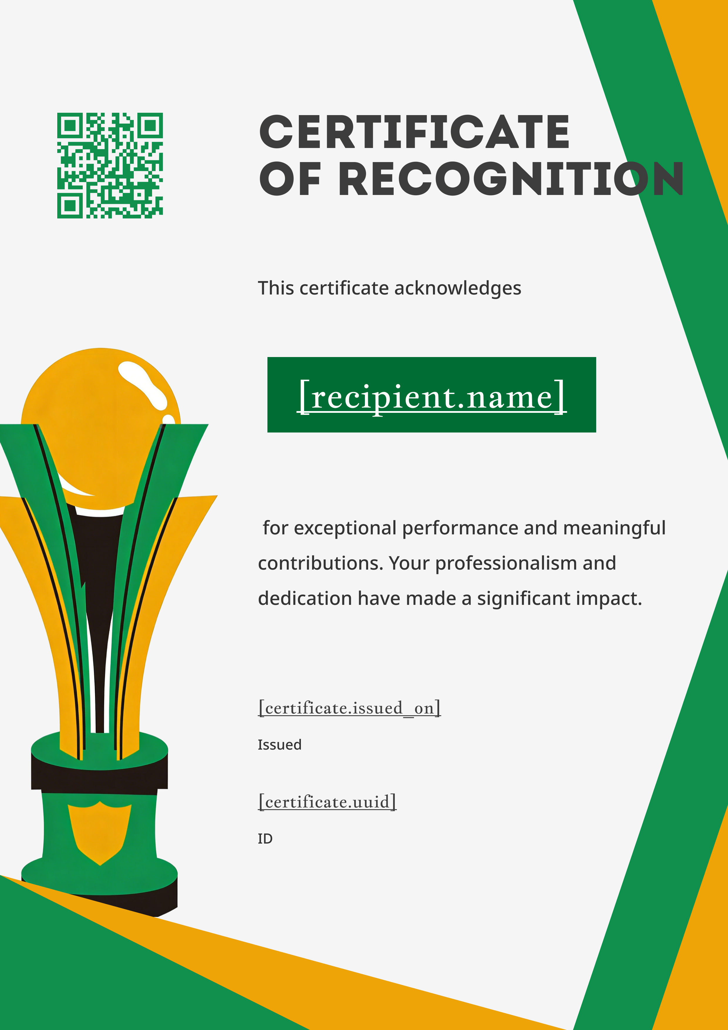 Champion Trophy Green & Gold Portrait — certificate of completion template preview
