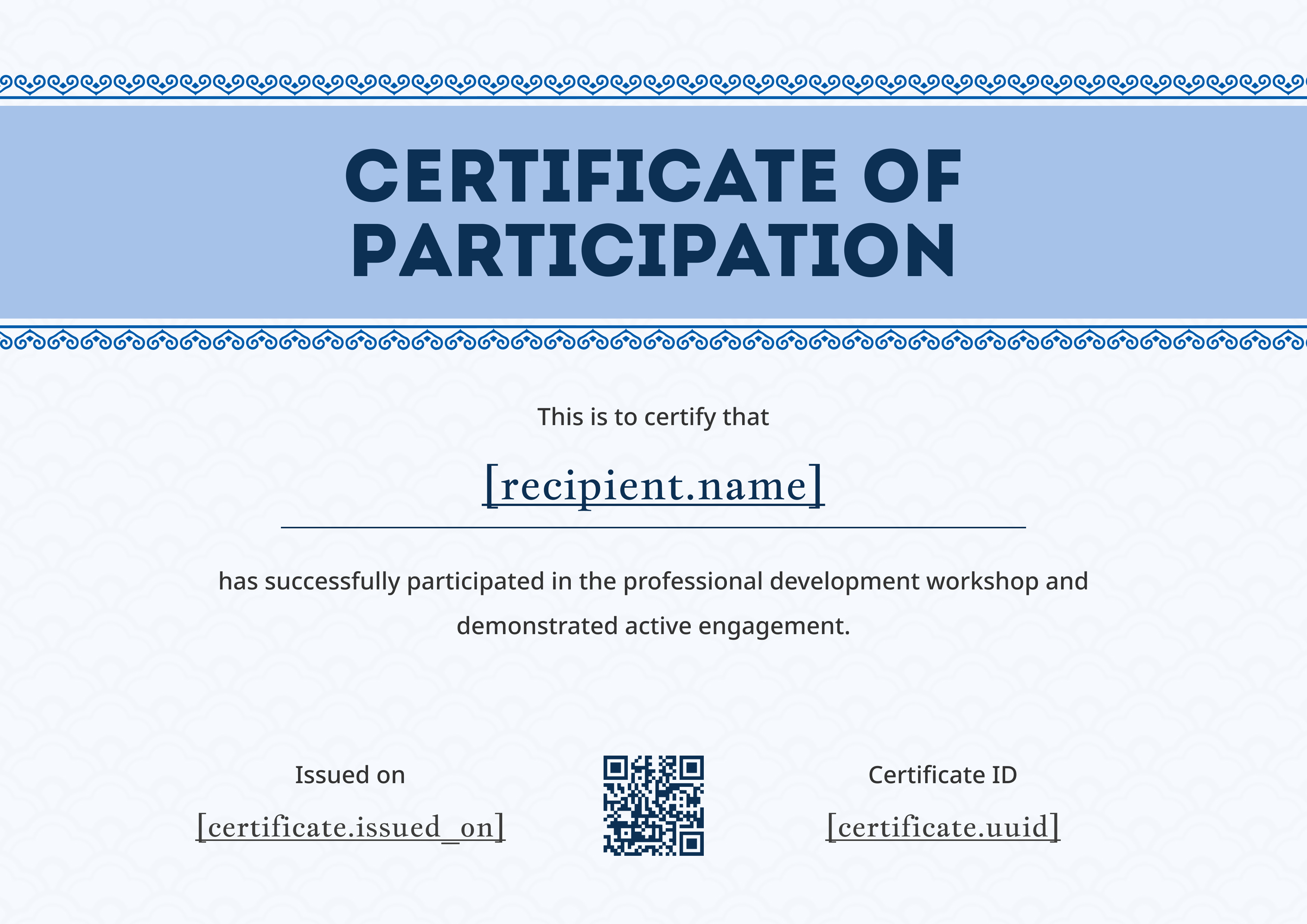 Ornamental Blue Scroll (Landscape) — certificate of completion template preview