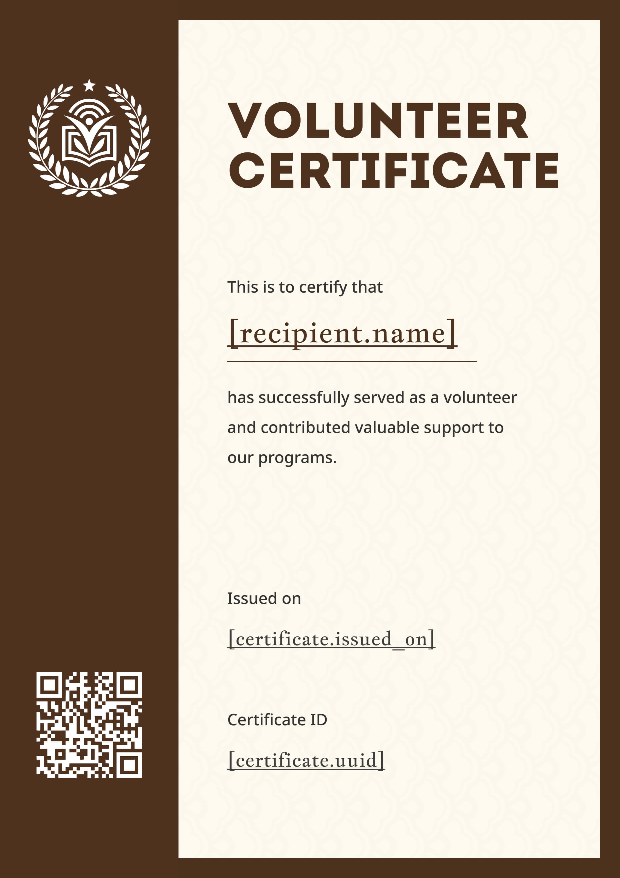 Rustic Brown Volunteer Laurel Portrait — certificate of completion template