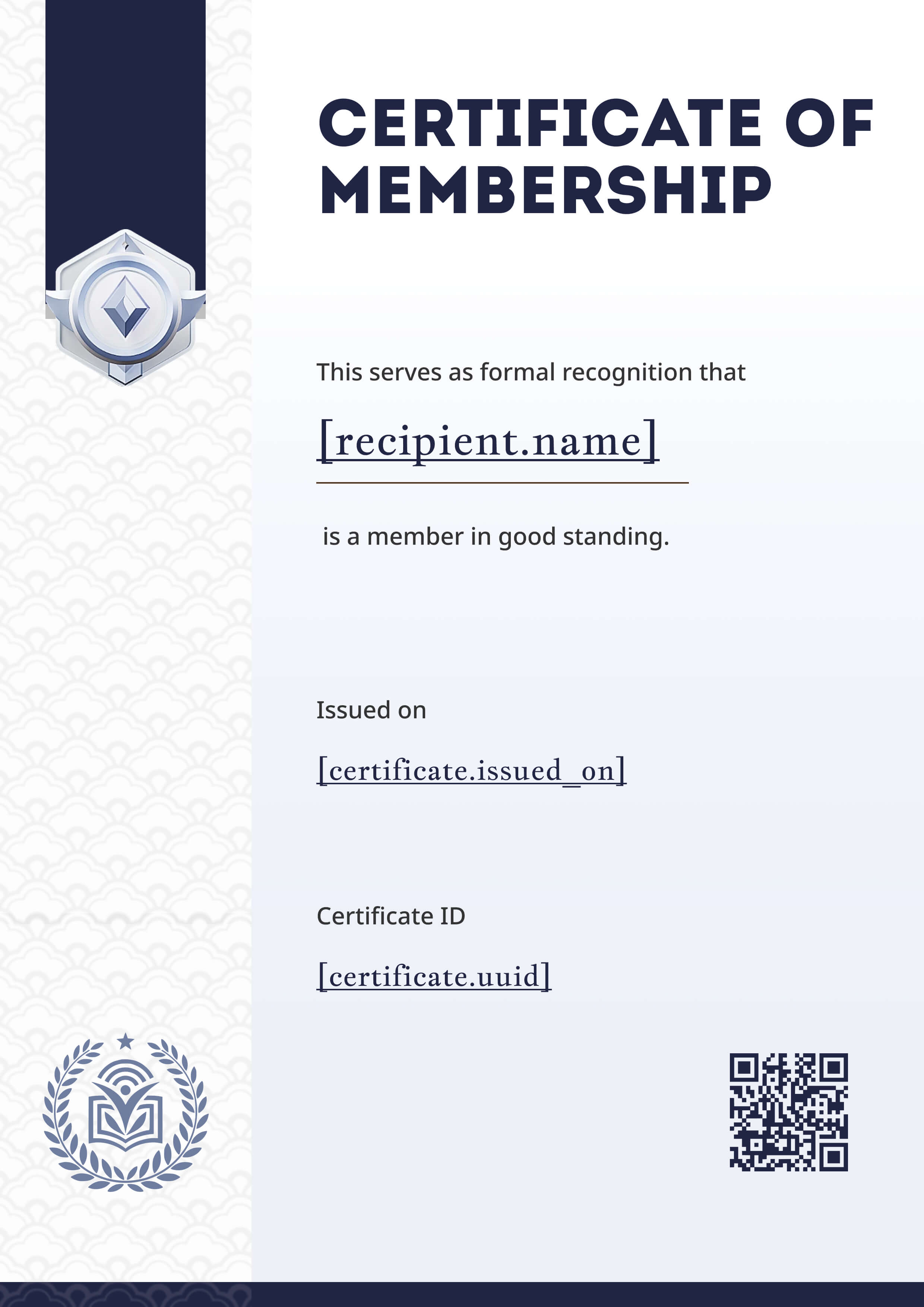 Navy Silver Medallion Sidebar Portrait — certificate of completion template preview