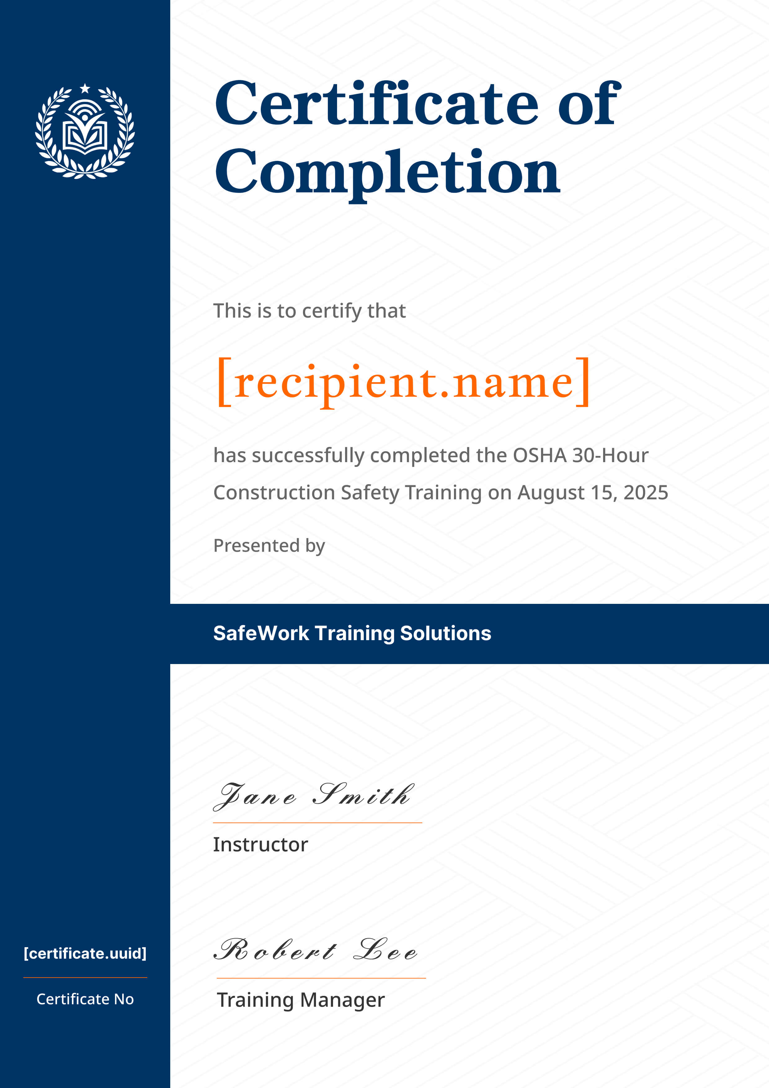 Modern Navy Sidebar Portrait — certificate of completion template preview