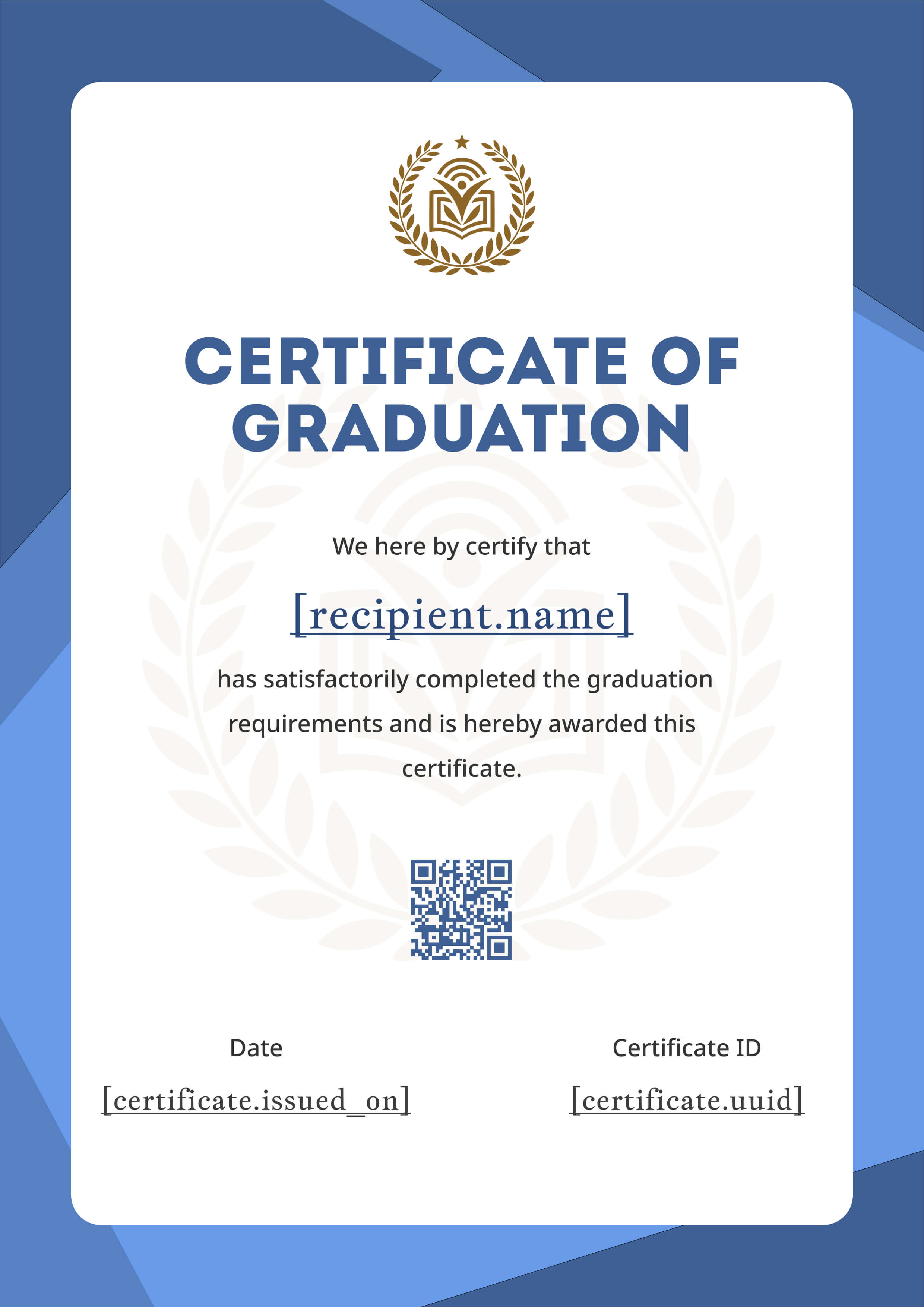 Classic Blue Laurel Graduation Portrait — certificate of completion template preview