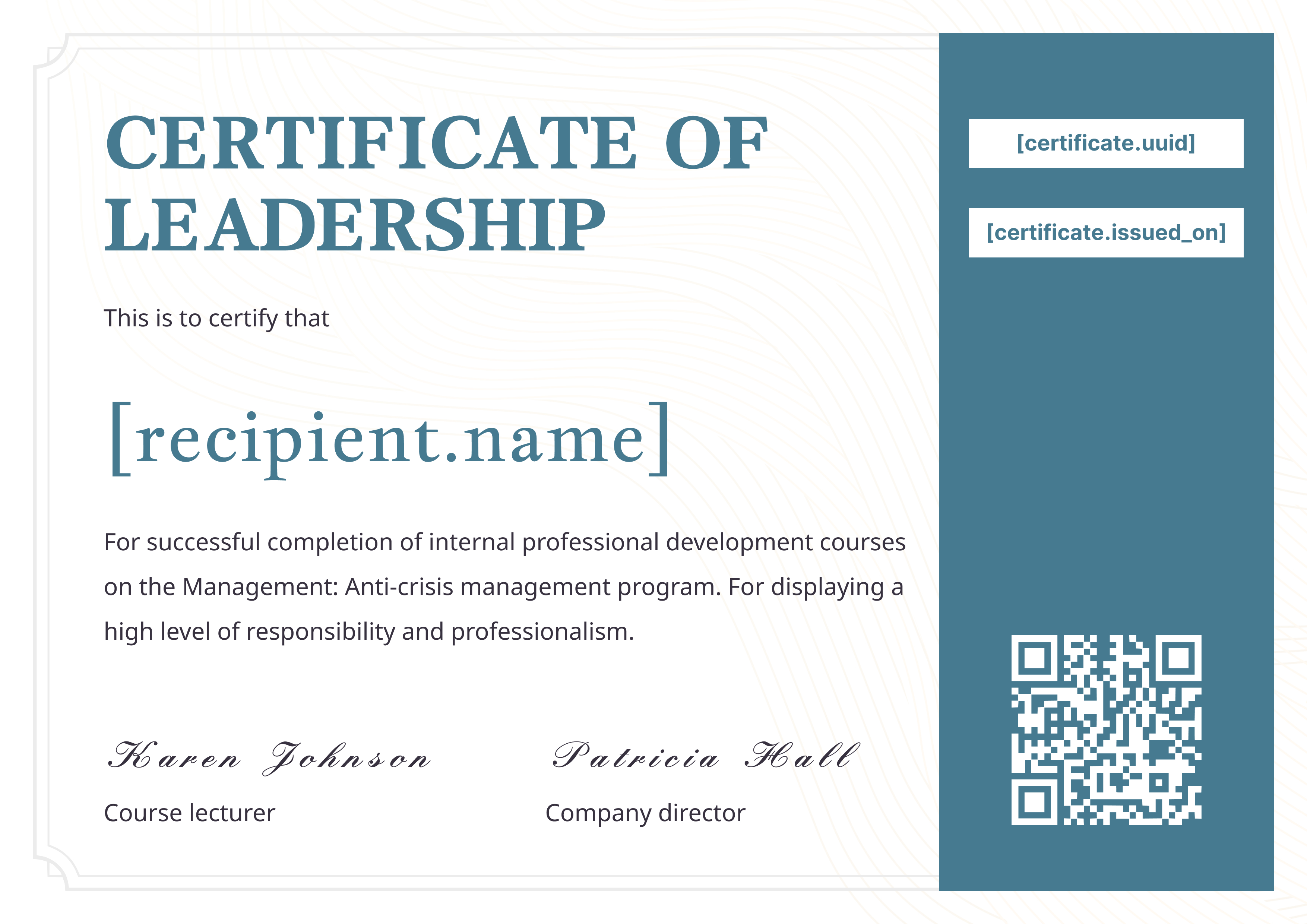 Leadership Teal Sidebar — certificate of completion template preview