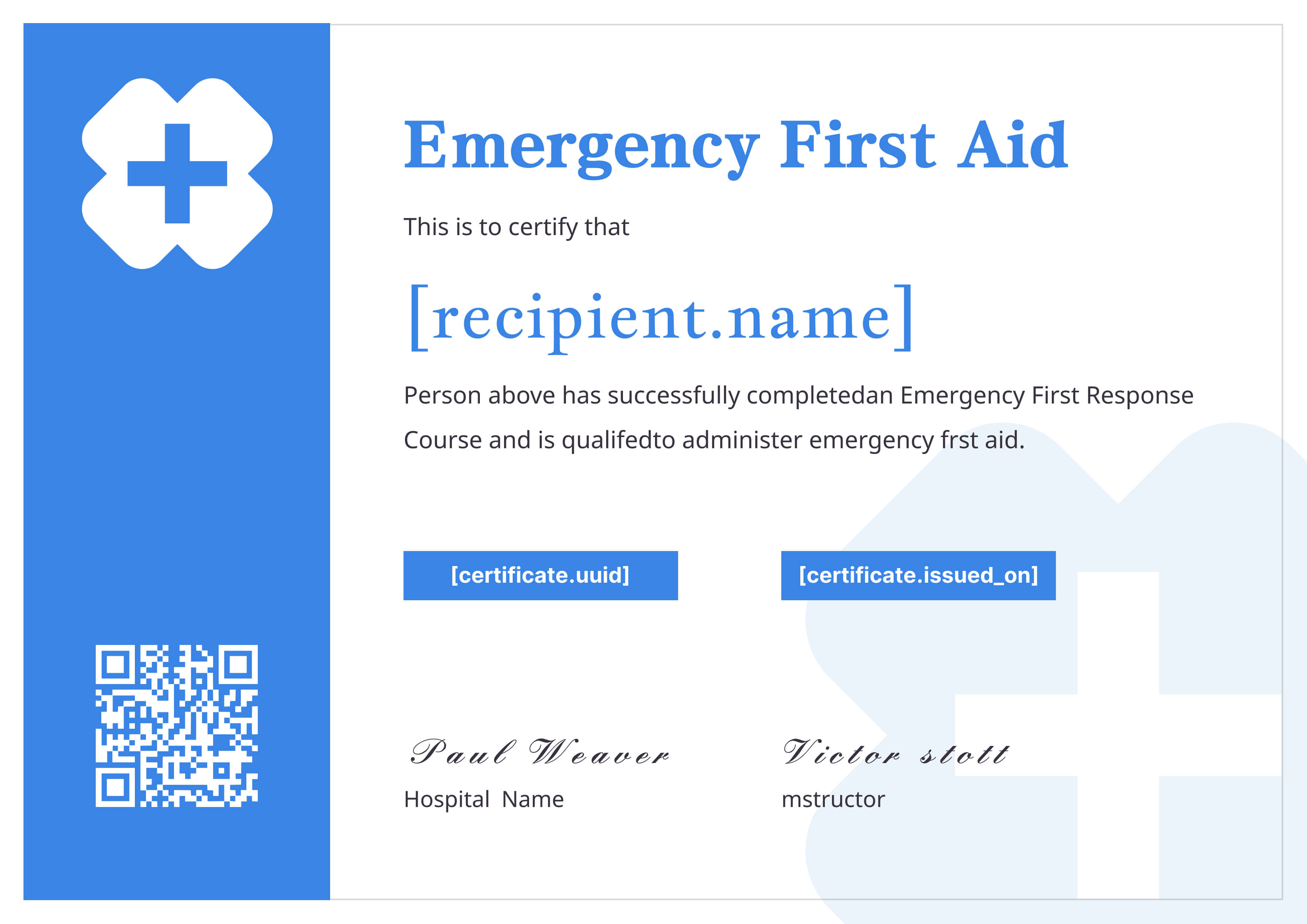 Blue Medical Cross First Aid — certificate of completion template preview
