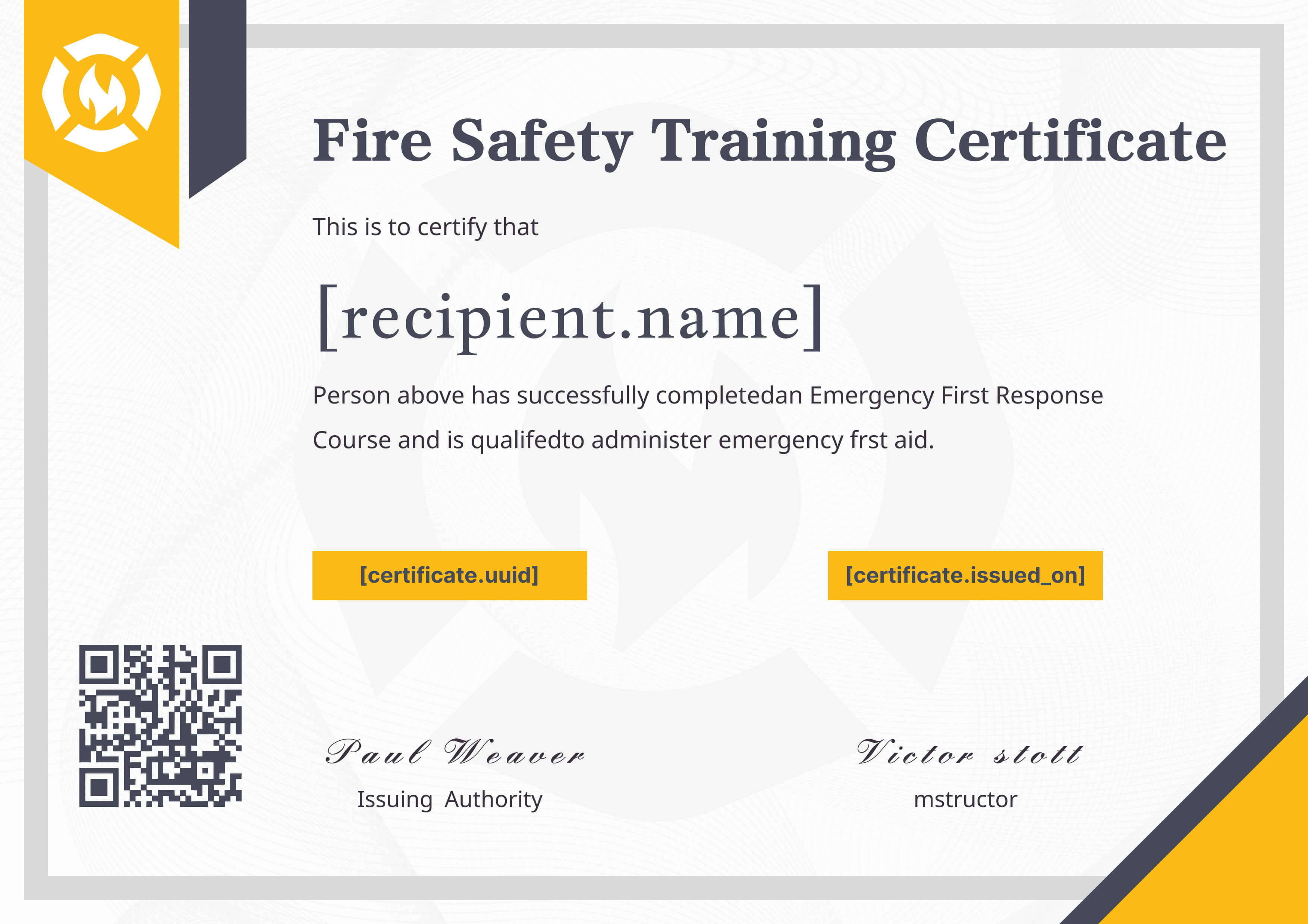 Navy & Gold Fire Safety Training — certificate of completion template preview