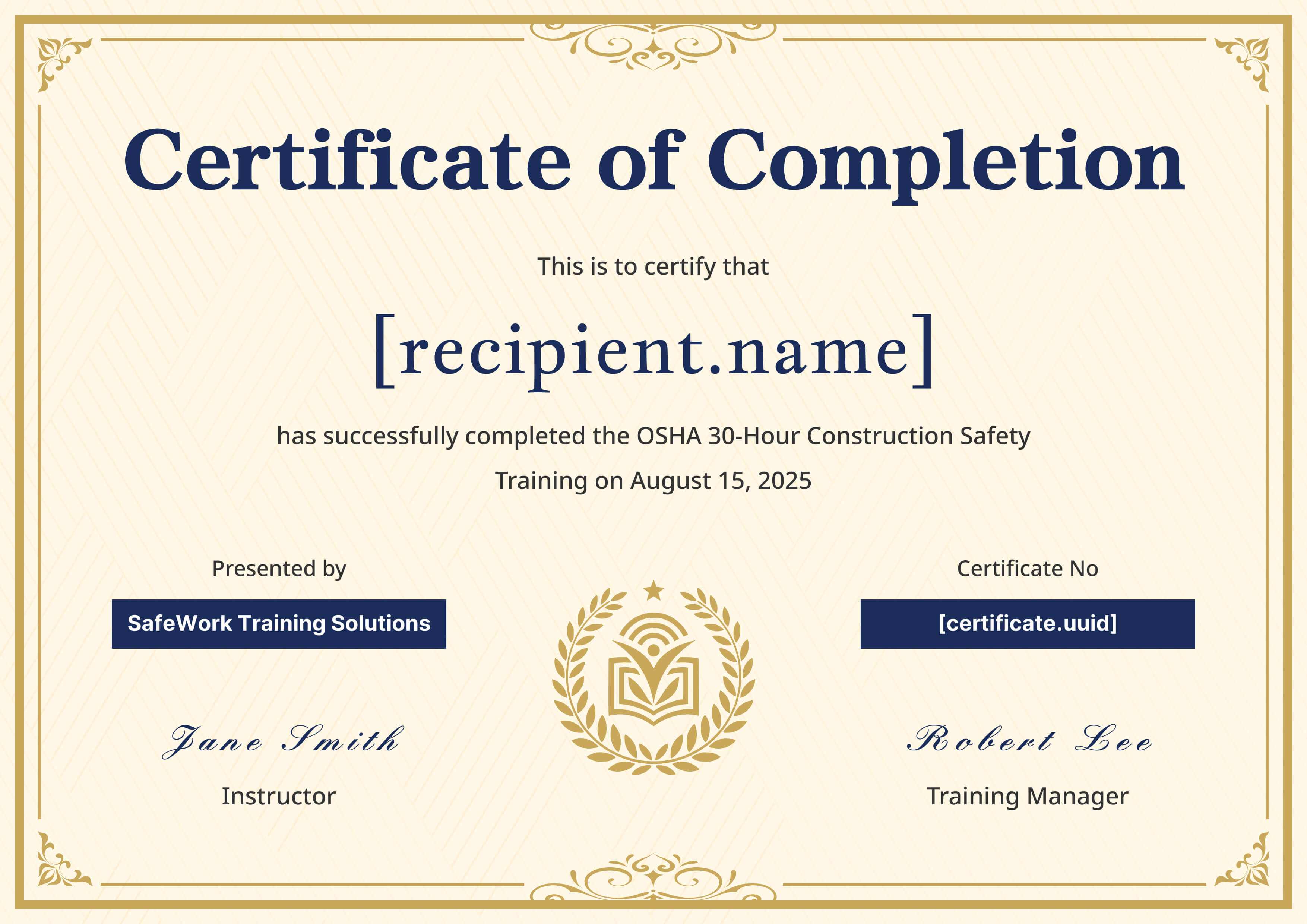 Elegant Gold Laurel — certificate of completion template preview